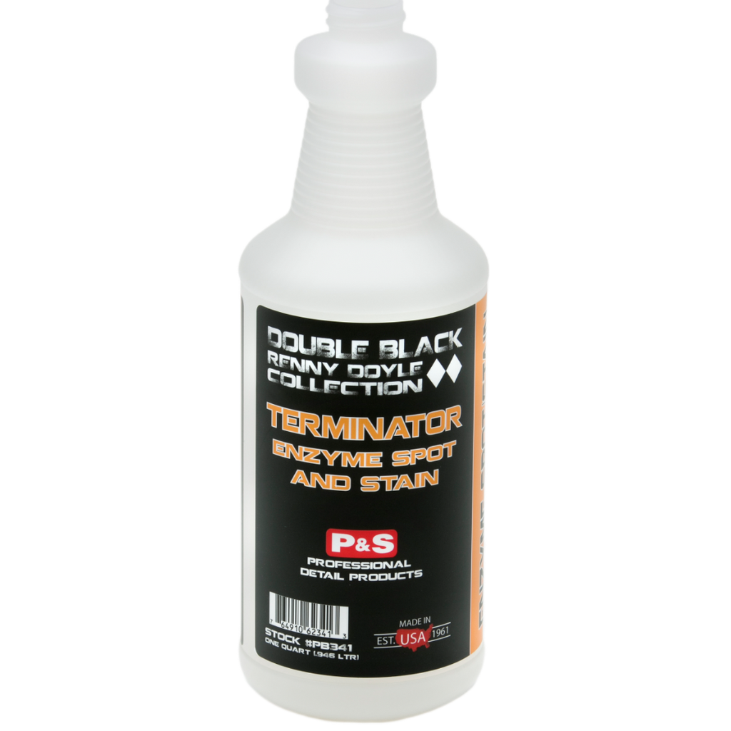 32 oz bottle of P&S Terminator, a cleaner that deodorizes carpet and upholstery as it works.