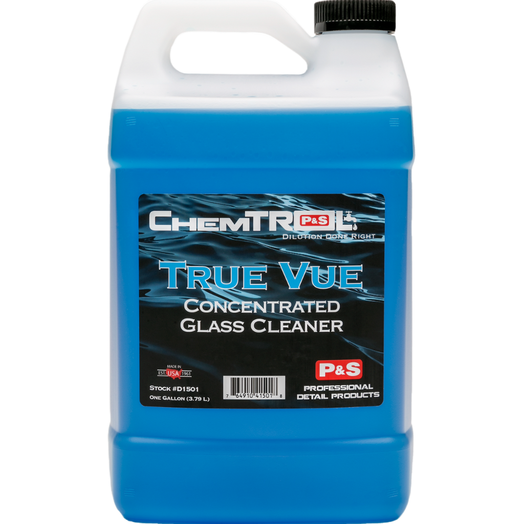 Container of P&S True Vue, a water-based concentrated glass cleaner for streak-free cleaning of glass surfaces.