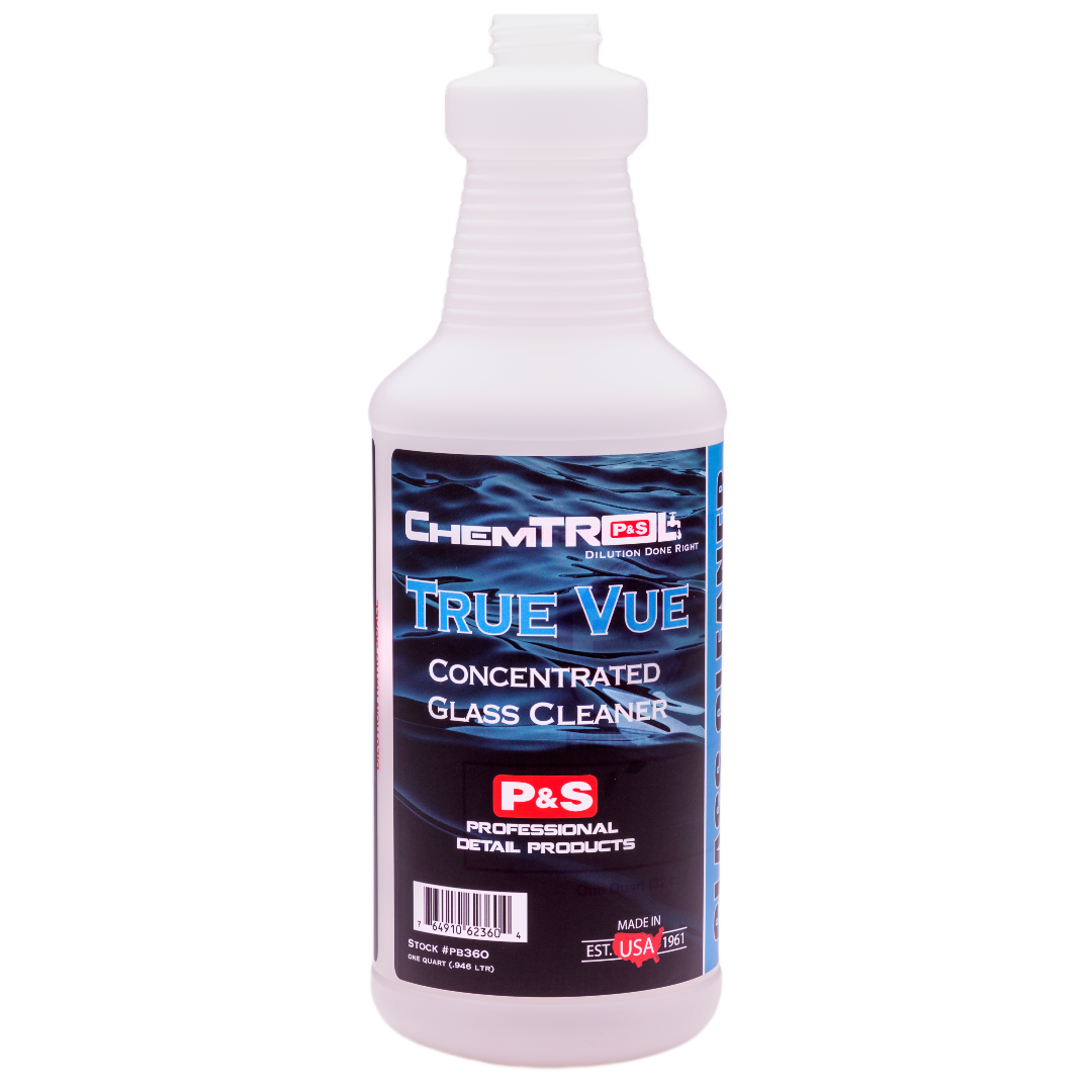 32 oz bottle of P&S True Vue, suitable for glass cleaning in both hot and cold weather conditions.