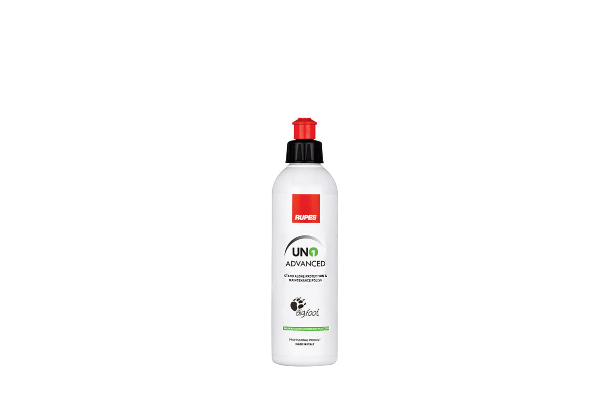 250mL bottle of RUPES UNO ADVANCED capable of light polishing and creating a durable layer of nano protection.