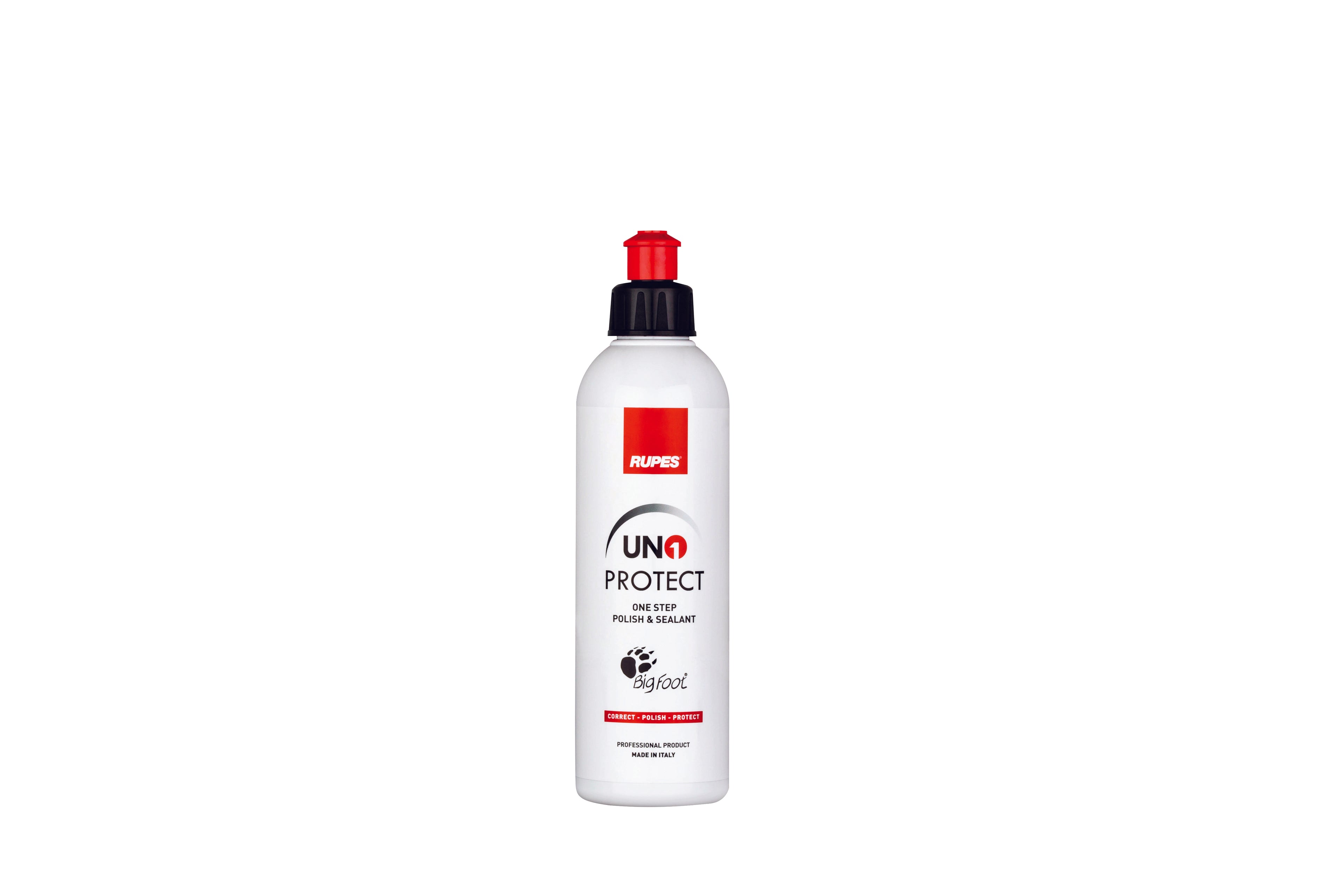 250mL bottle of RUPES UNO PROTECT, an all-in-one compound, polish, and protectant for high-gloss results.