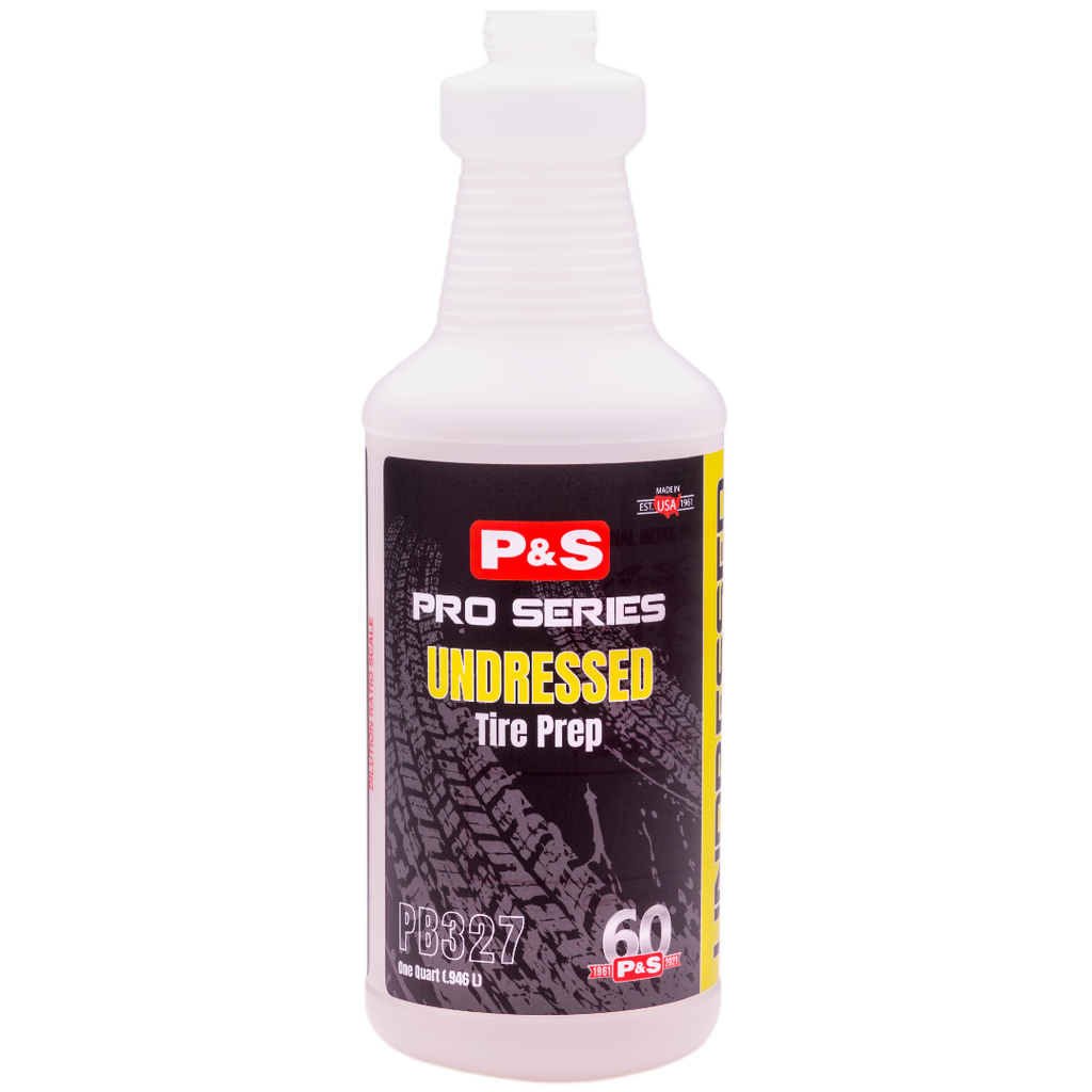32 oz bottle of P&S Undressed Tire Prep that cleans tires and brightens raised white lettering and whitewalls.