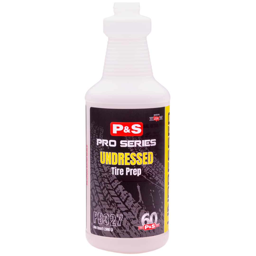 32 oz bottle of P&S Undressed Tire Prep that cleans tires and brightens raised white lettering and whitewalls.