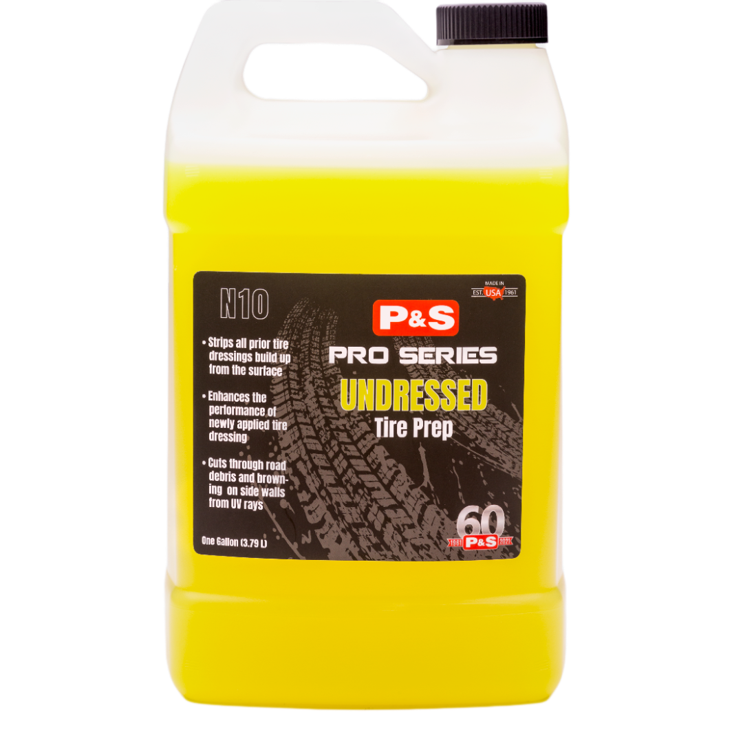 One-gallon jug of P&S Undressed Tire Prep that removes prior dressings to properly prepare tires for fresh dressing application.