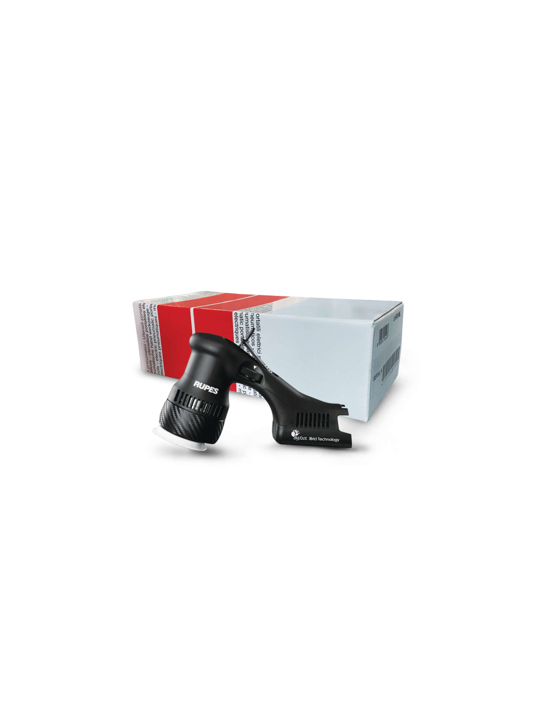 RUPES BigFoot HLR75 Mini iBrid polisher shown as the base tool with a 12mm orbit for maneuverability and precise control.