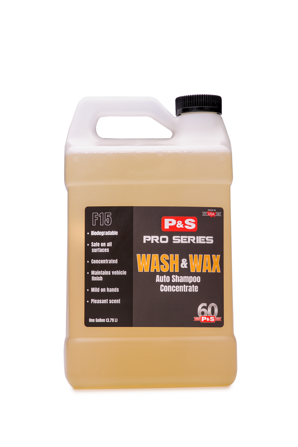 One-gallon jug of P&S Wash & Wax, a concentrated pH-neutral car shampoo with wax for added protection and a glossy finish.