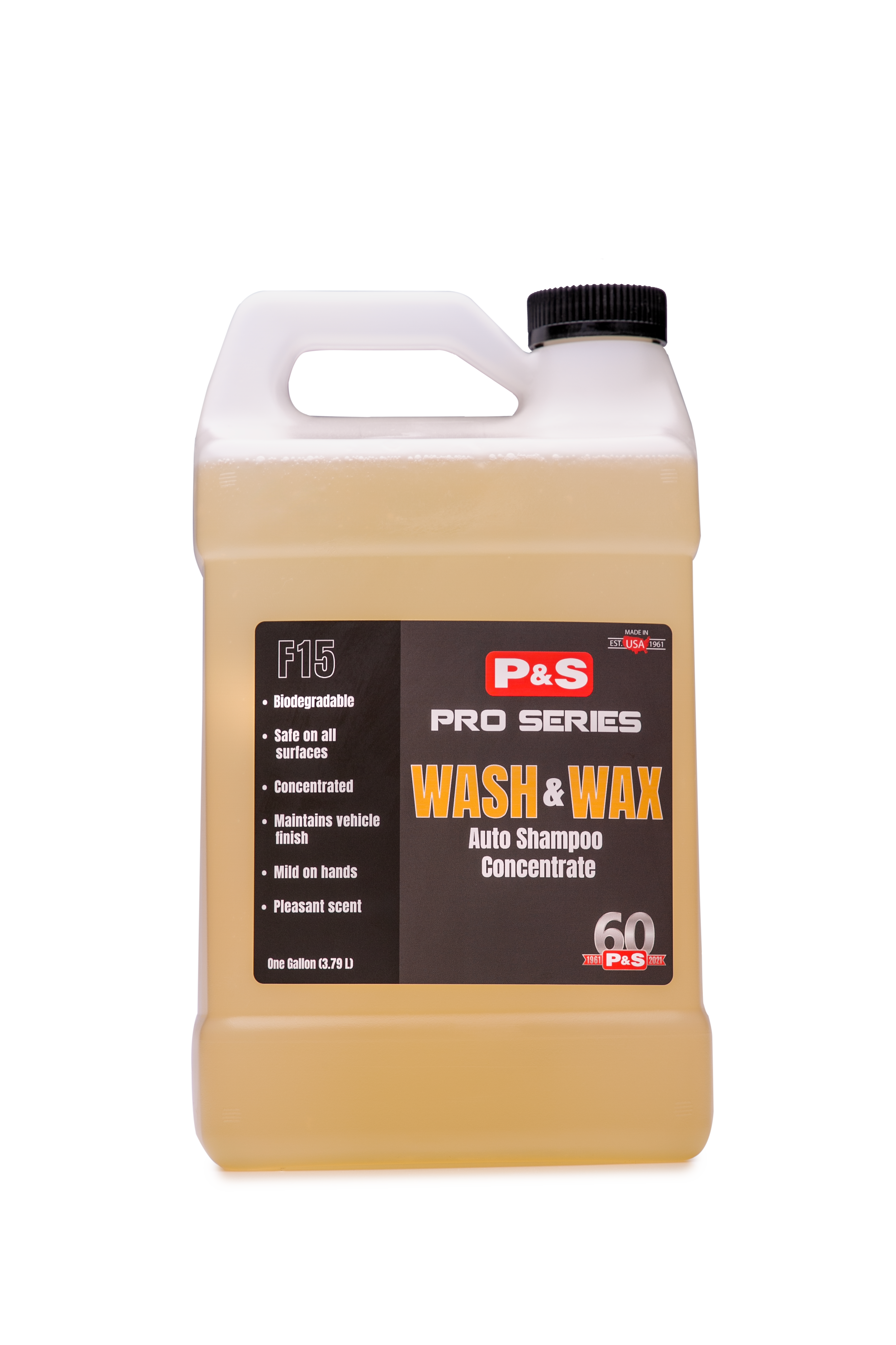 One-gallon jug of P&S Wash & Wax, a concentrated pH-neutral car shampoo with wax for added protection and a glossy finish.