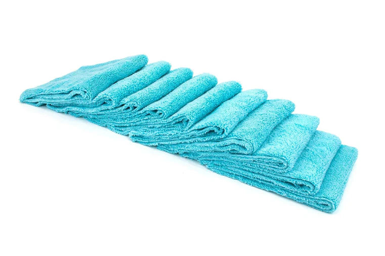 Teal Blue 10 pack Autofiber Cost What! Edgeless Microfiber Shop Rag 340GSM for general cleaning, polishing, and detailing.