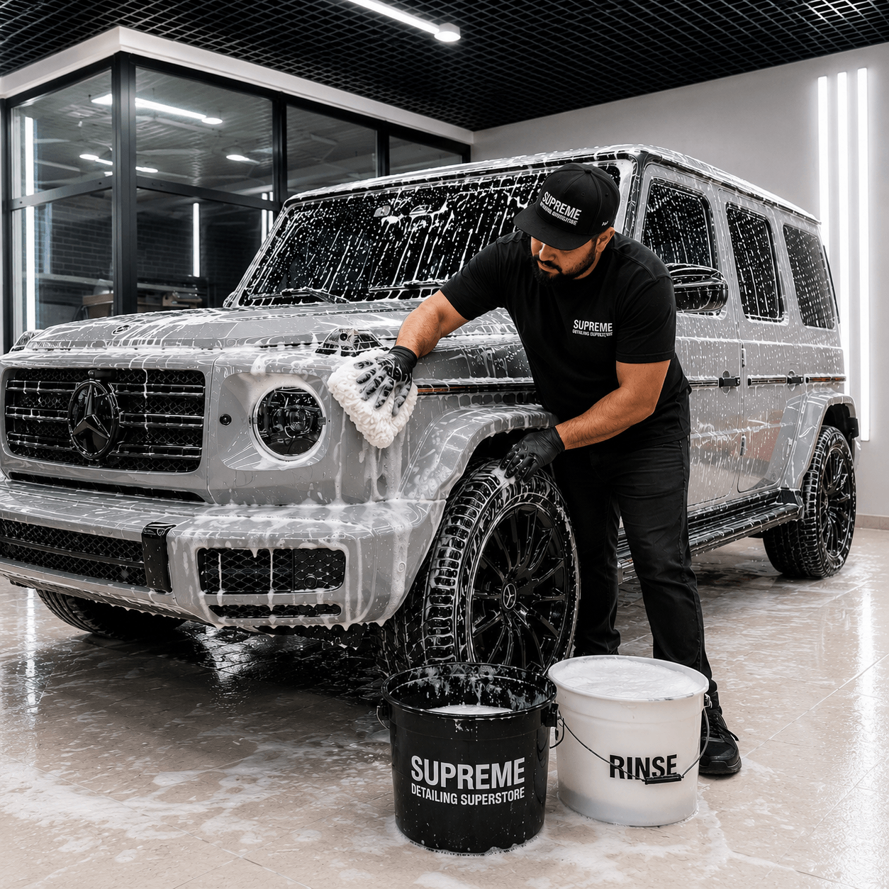 A man in a black t-shirt and cap washes a silver Mercedes-Benz G-Class SUV covered in soap foam inside a modern garage. Two buckets in the foreground are labeled 'SUPREME DETAILING SUPERSTONE' and 'RINSE'.