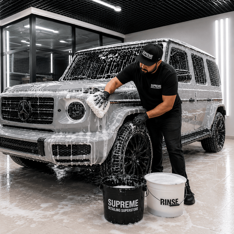 A man in a black t-shirt and cap washes a silver Mercedes-Benz G-Class SUV covered in soap foam inside a modern garage. Two buckets in the foreground are labeled 'SUPREME DETAILING SUPERSTONE' and 'RINSE'.