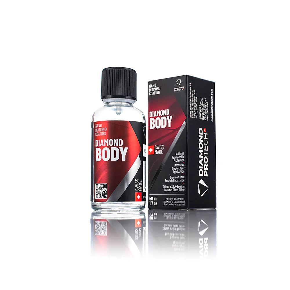 Diamond ProTech Diamond Body coating with nanodiamonds for deep gloss, durable protection, and extreme hydrophobicity.