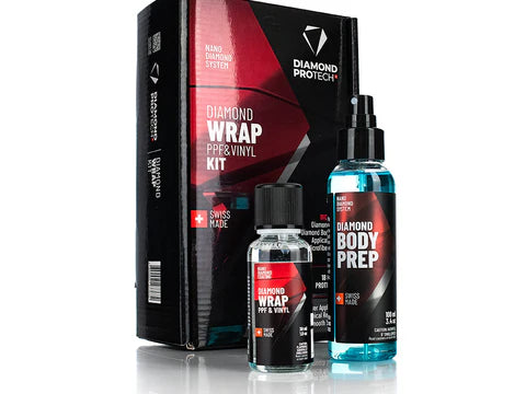 Diamond ProTech Diamond Wrap Kit shown with included panel prep spray and PPF coating for 18 months of protection.