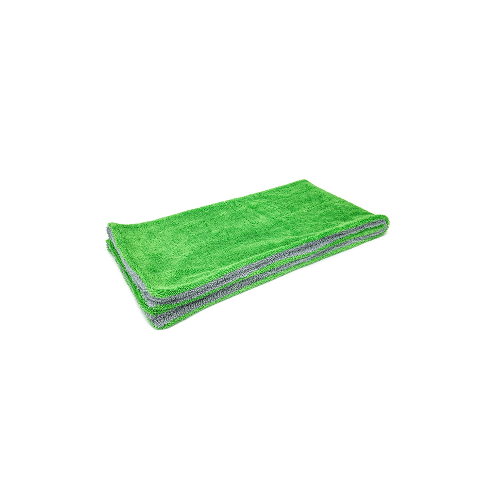 20"x40" Green/Gray Autofiber Dreadnought XL Microfiber Drying Towel with ultra-absorbent twisted loop design for fast drying.