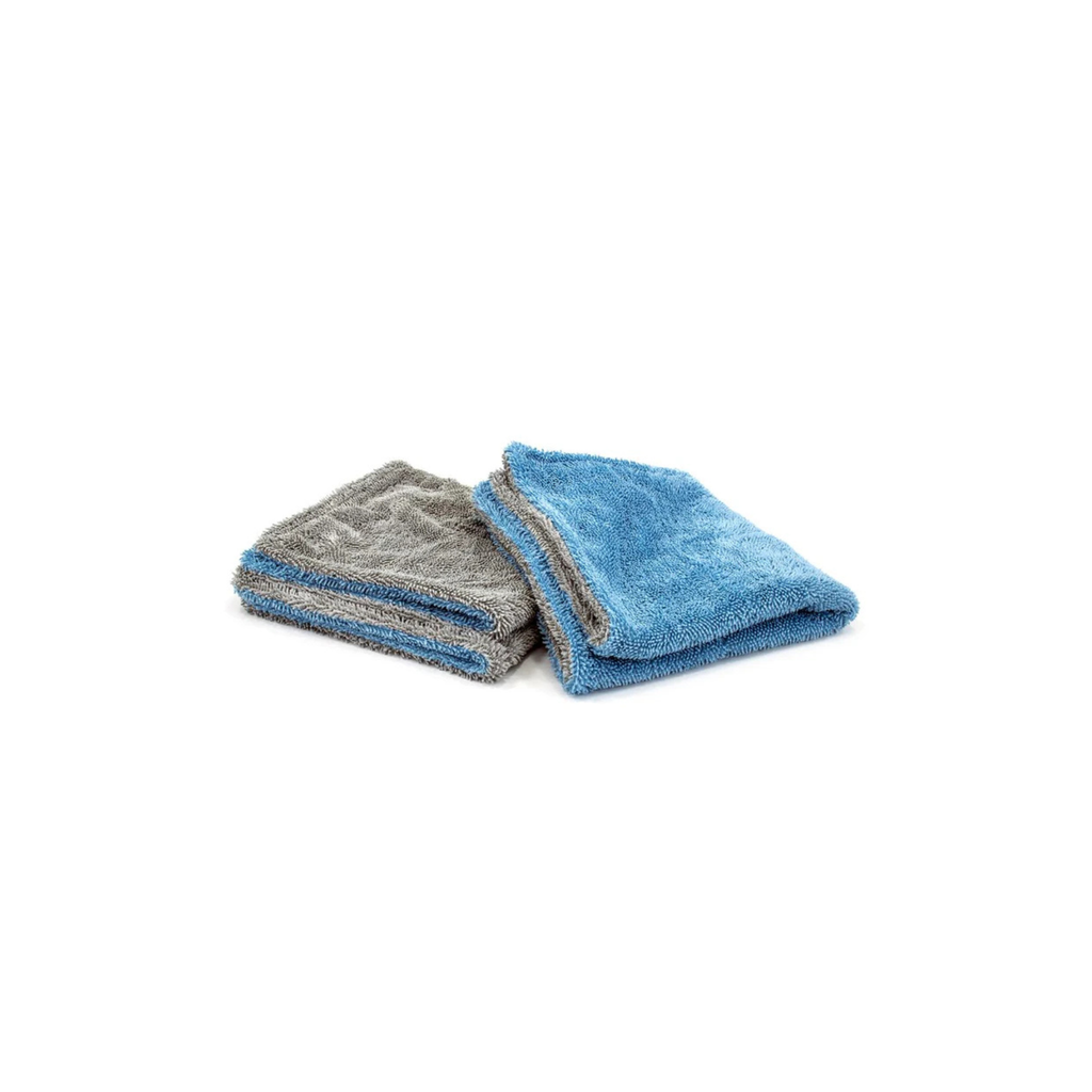 16"x16" Blue/Gray Dreadnought Jr. Microfiber Double Twist Pile Detailing Towel 2 pack for superior drying and softness.