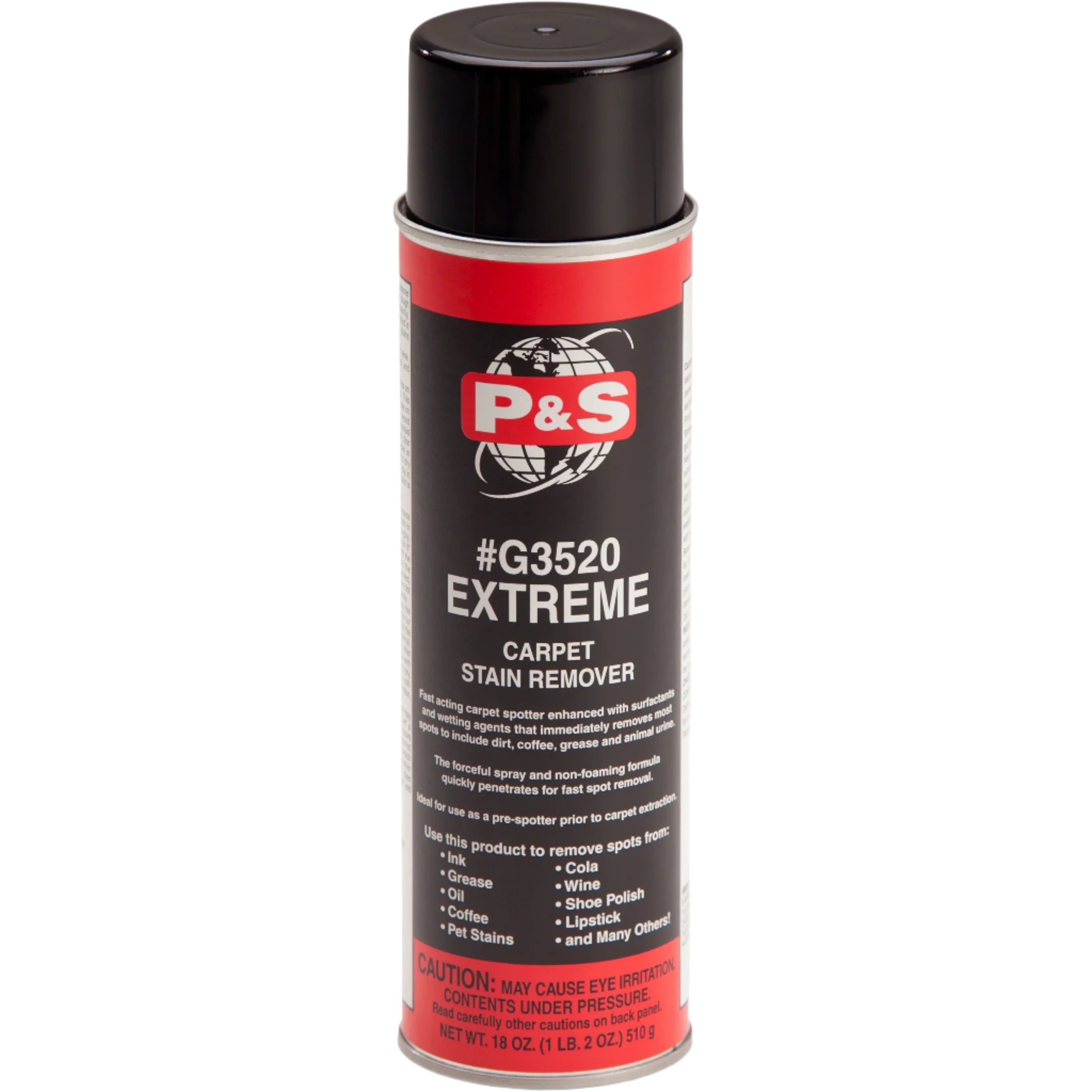 Can of P&S EXTREME Carpet Stain Remover designed to break down tough stains on surfaces like fabric, carpet, and upholstery.