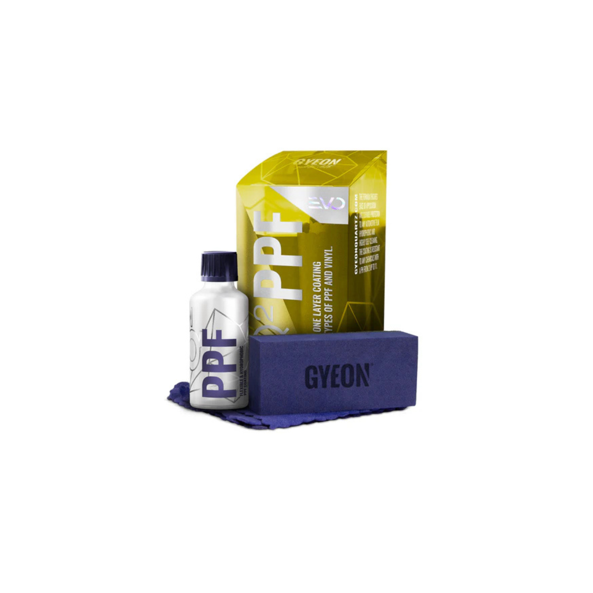GYEON PPF product set with bottle, box, and microfiber cloth on a white background