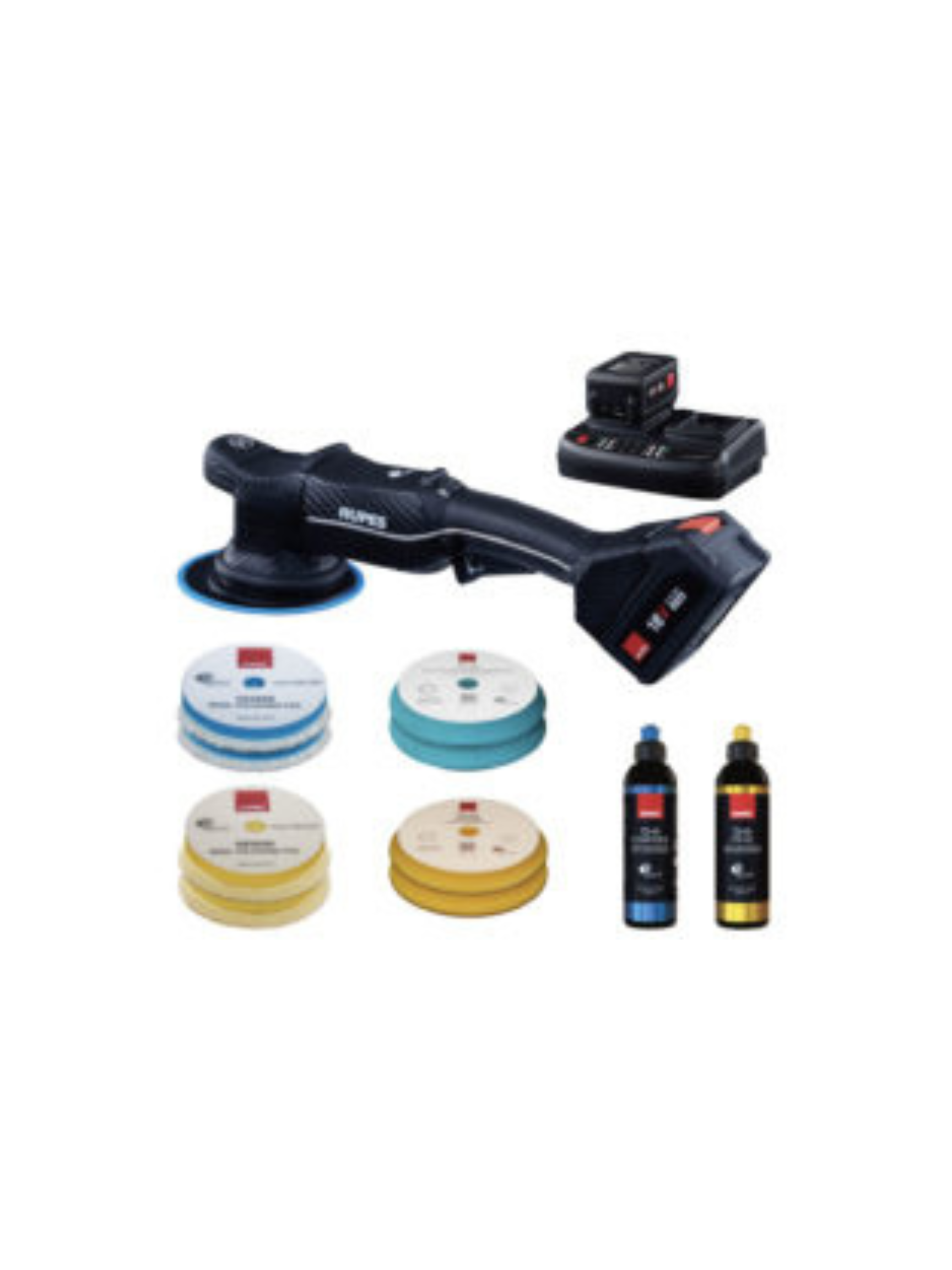 RUPES Bigfoot HLR21 iBRID Complete Kit shown with included pads, polish, batteries, and charger.