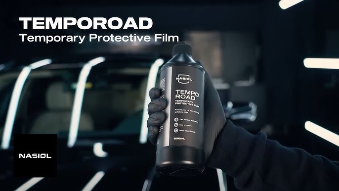 Bottle of Nasiol TempoRoad, a temporary protective film shielding vehicle surfaces from bug stains and sandstorm damage.