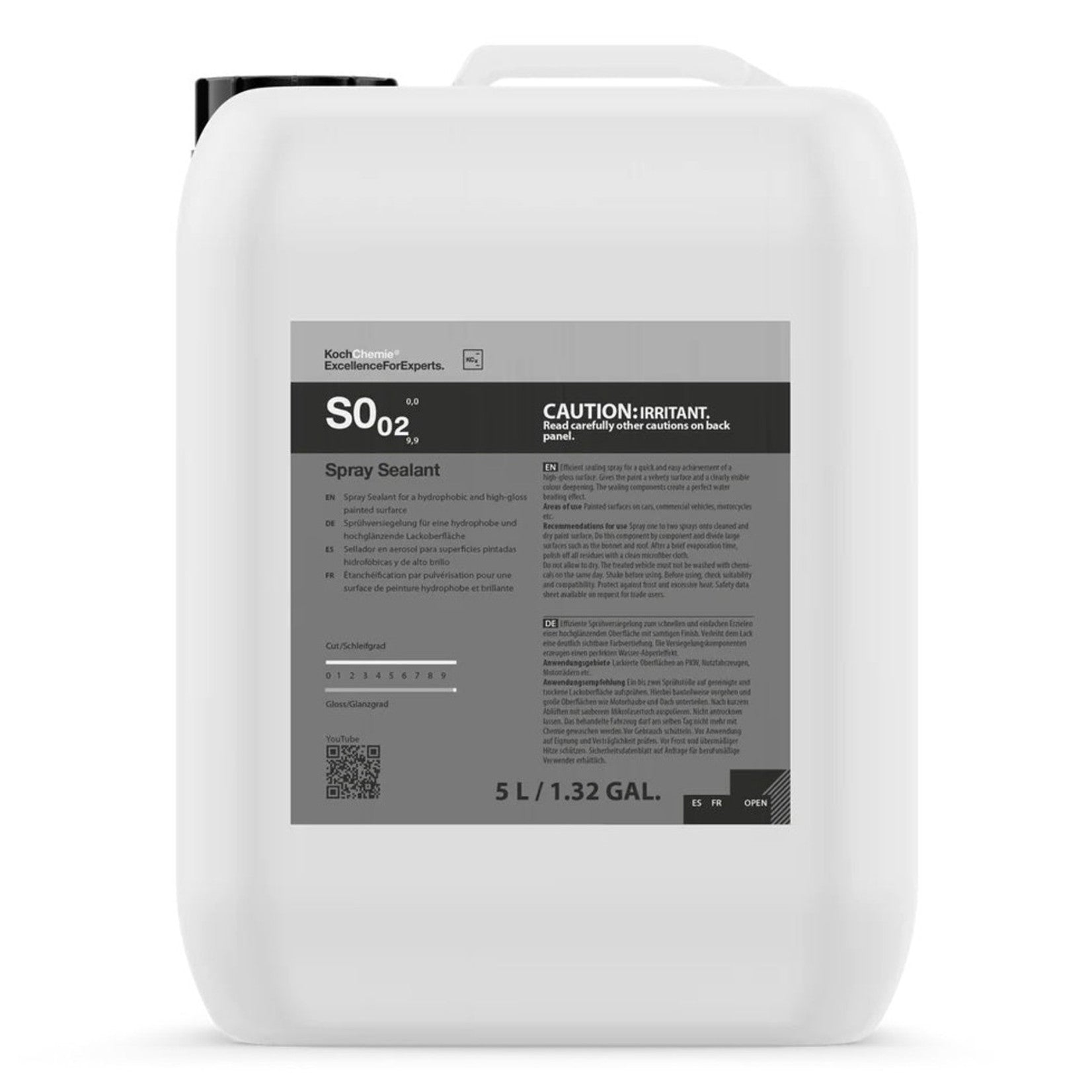5L Koch-Chemie S0.02 Spray Sealant container for quick, hydrophobic protection and shine on vehicle surfaces.