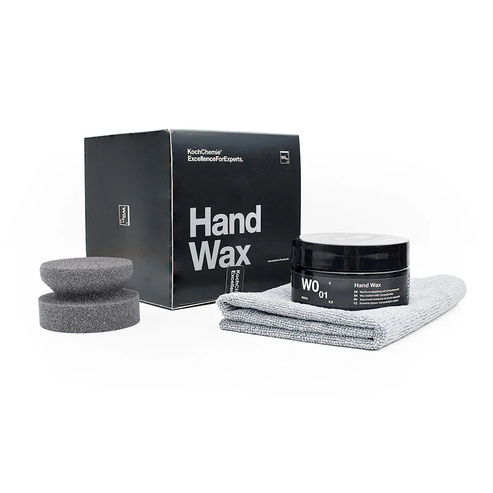Koch-Chemie Hand Wax W0.01 with carnauba wax for long-lasting, hydrophobic, high-gloss paint and plastic protection.