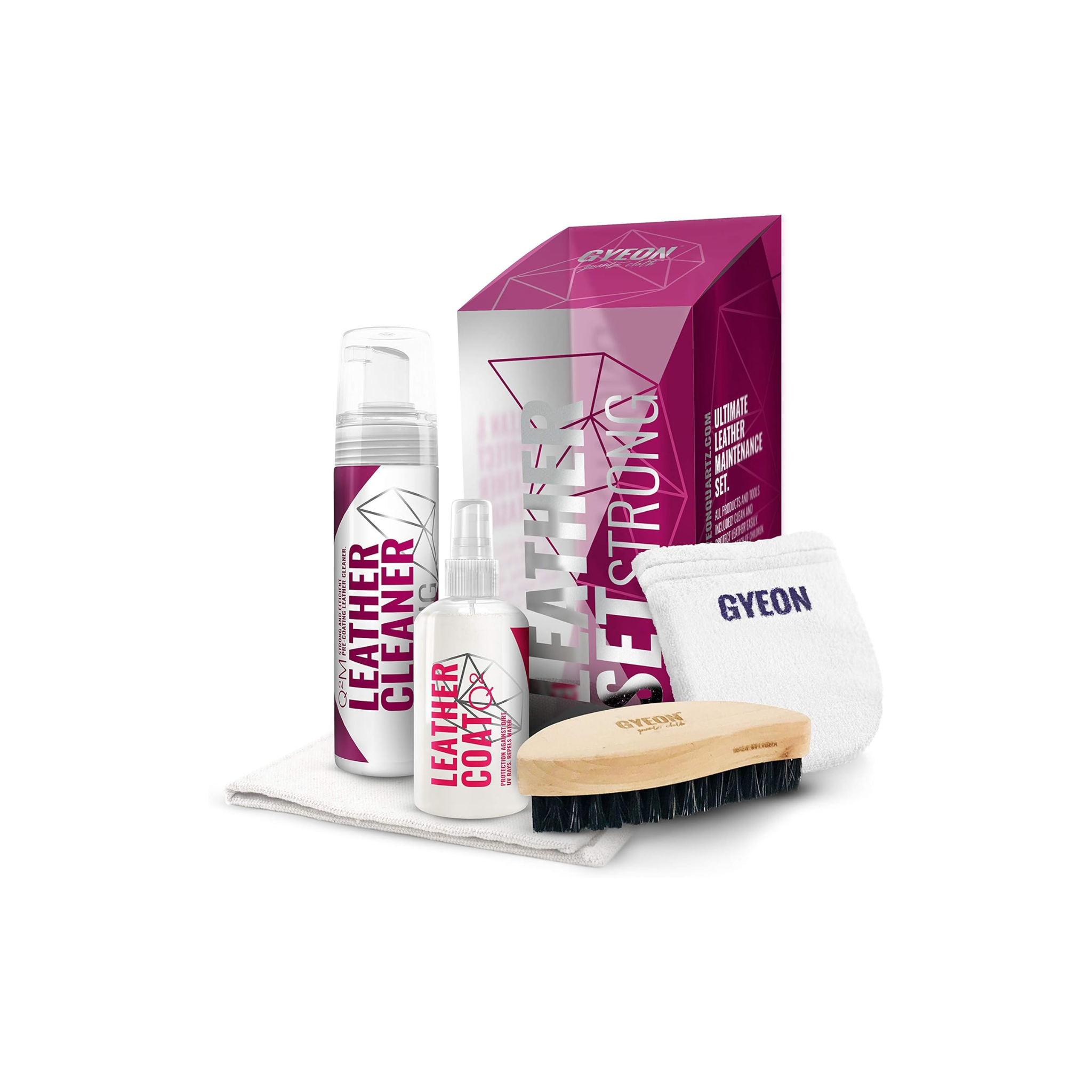 GYEON Q²M Leather Set Strong: two-step system for deep cleaning and durable matte protection of leather surfaces.
