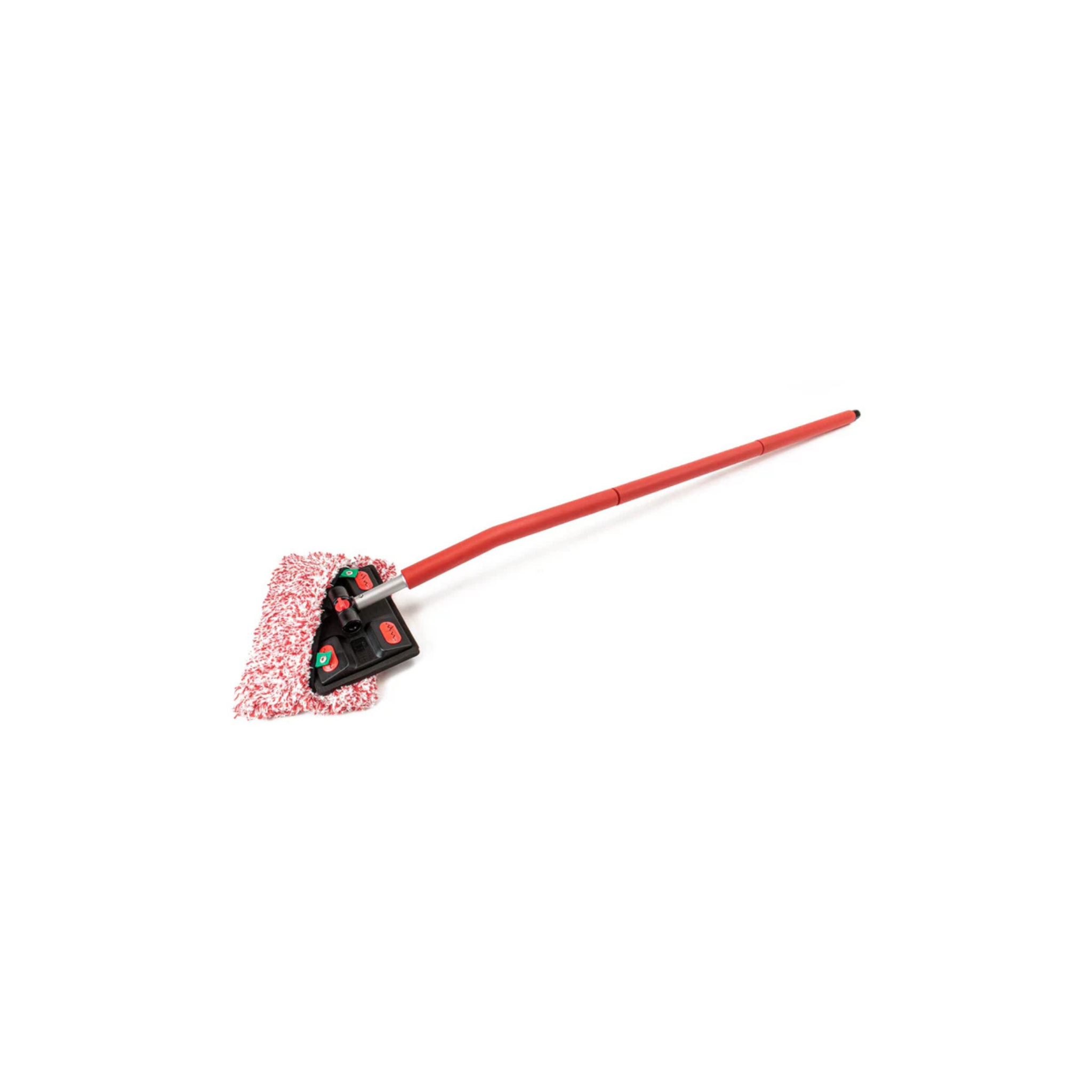 Red Autofiber Mitt on a Stick PRO+ for extended reach cleaning of roofs, windshields, and hard-to-reach areas.