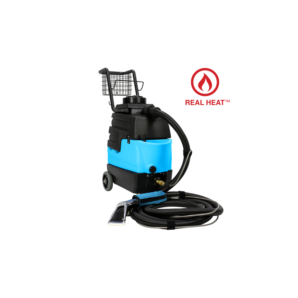 Mytee Lite 8070 Heated Carpet Extractor in blue with wheels and hose ports, built for mobile detailing and upholstery work.