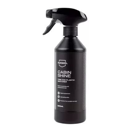 Bottle of Nasiol CabinShine for interior plastic, vinyl, and rubber—protects against aging, discoloration, and dust buildup.