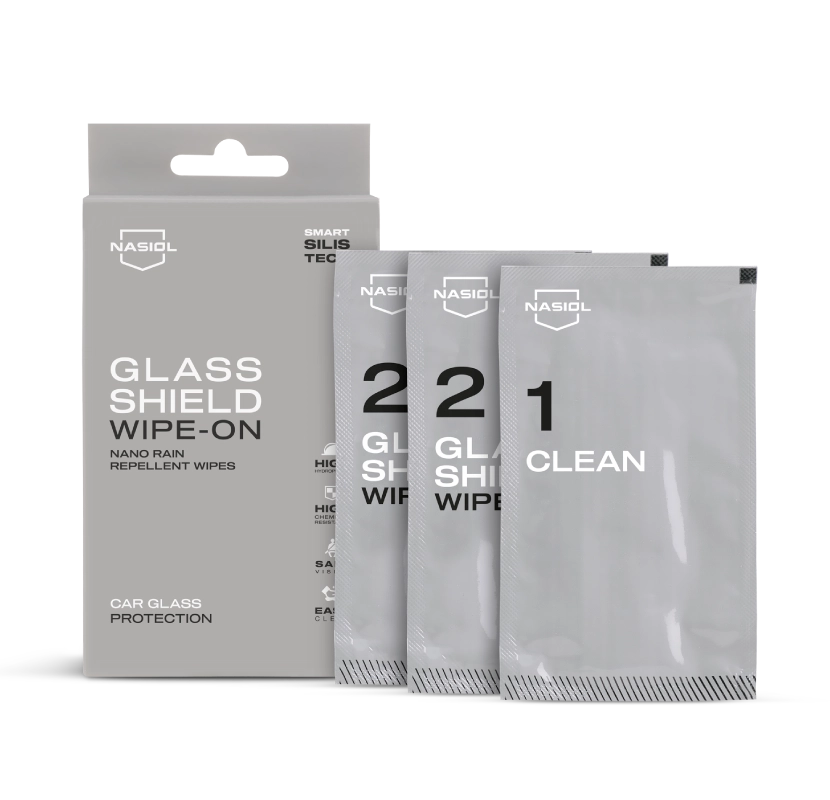 Nasiol GlassShield Wipe-On, a nano coating for long-lasting water and dirt repellency on car windows and glass surfaces.