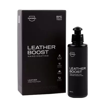 Box and bottle of Nasiol LeatherBoost, a nano coating that provides long-lasting protection and restores leather surfaces.