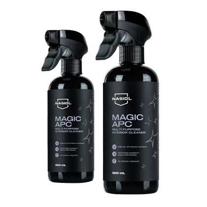 Two bottles of Nasiol Magic APC, an all-purpose interior cleaner for removing dirt and stains from car interiors.