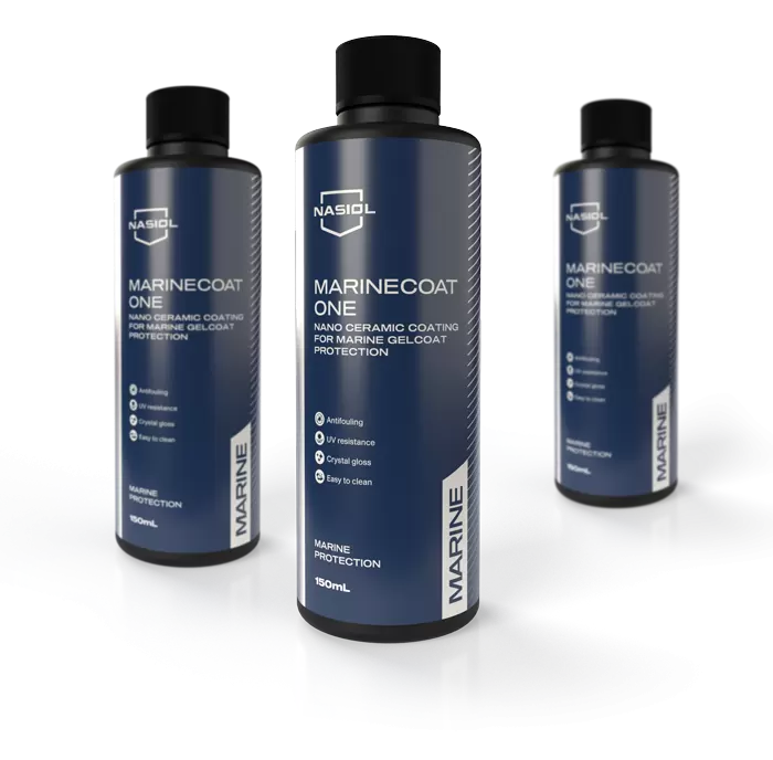 Three bottles of Nasiol MarineCoat One, a nano ceramic coating for durable protection of marine gelcoat against water and UV damage.