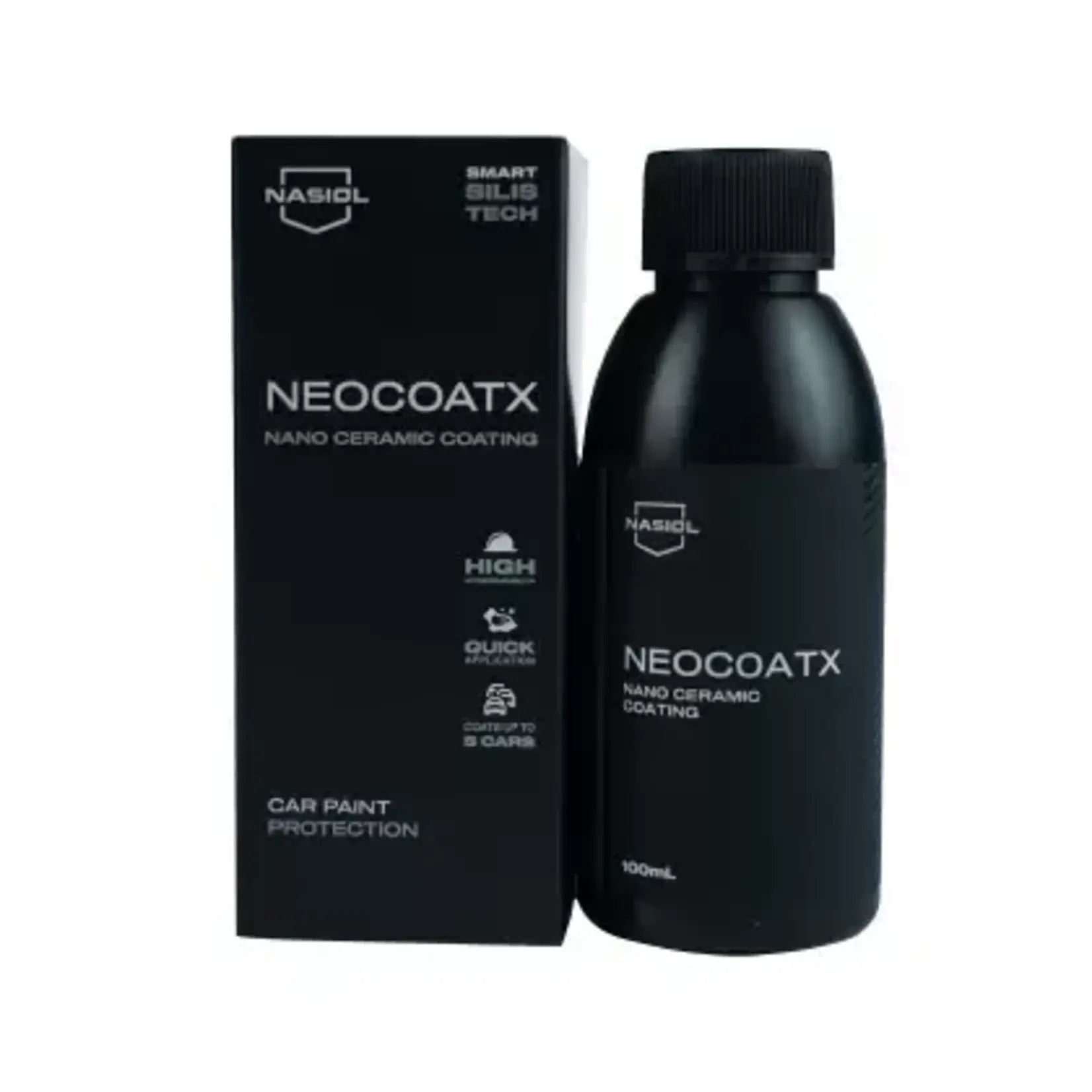 Nasiol NeoCoatX, an advanced nano ceramic coating that provides durable 1-year protection and high gloss finish for vehicles.