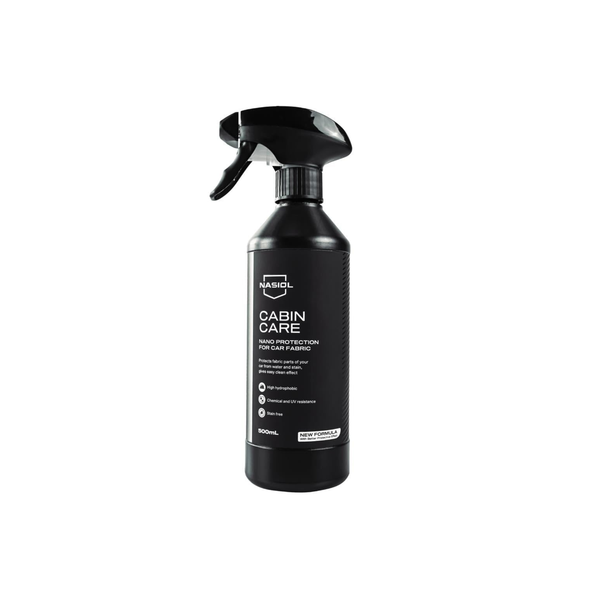 Bottle of Nasiol CabinCare, a nano coating that protects car interior fabric and upholstery from stains, spills, and UV damage.