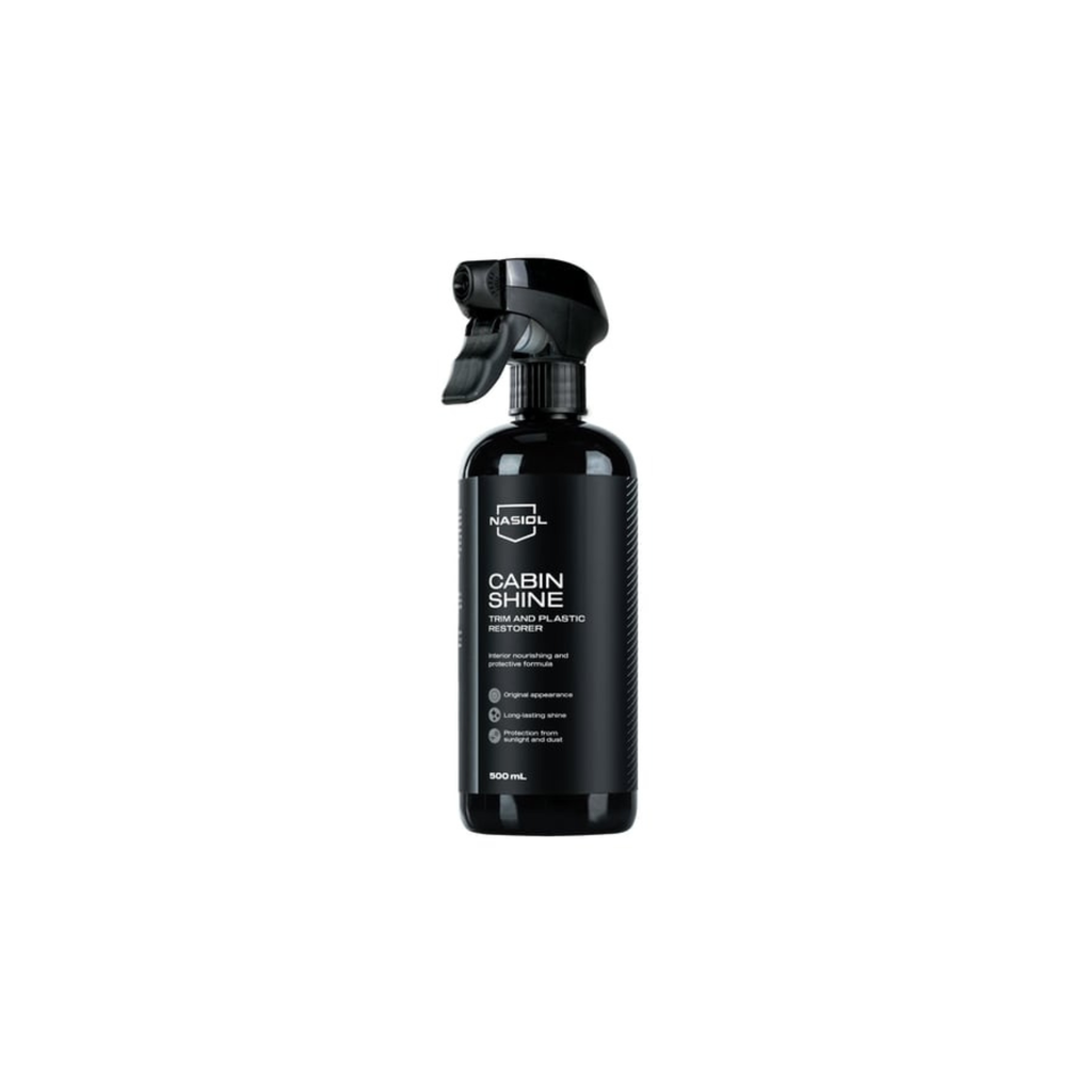 Bottle of Nasiol CabinShine for interior plastic, vinyl, and rubber—protects against aging, discoloration, and dust buildup.