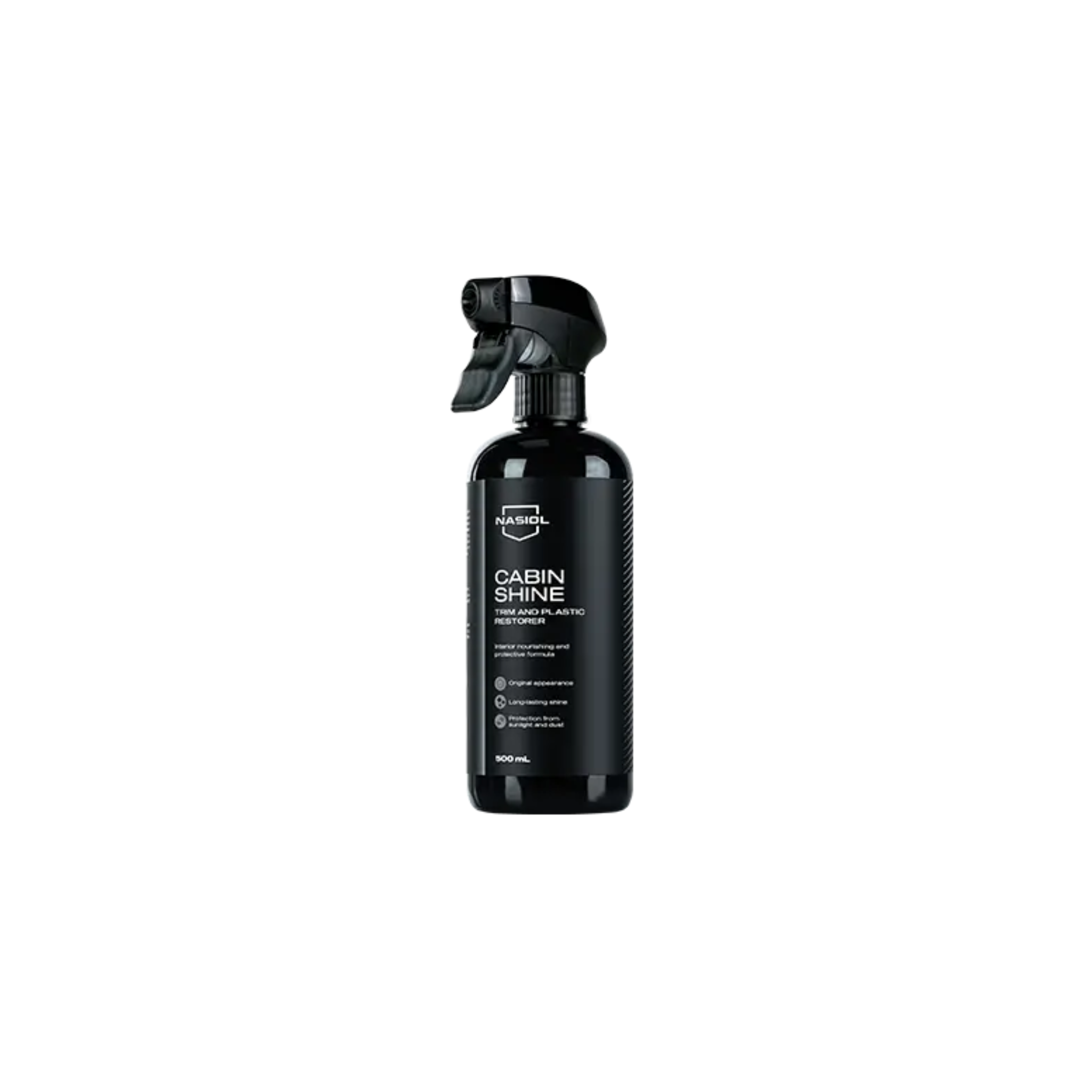 Bottle of Nasiol CabinShine for interior plastic, vinyl, and rubber—protects against aging, discoloration, and dust buildup.