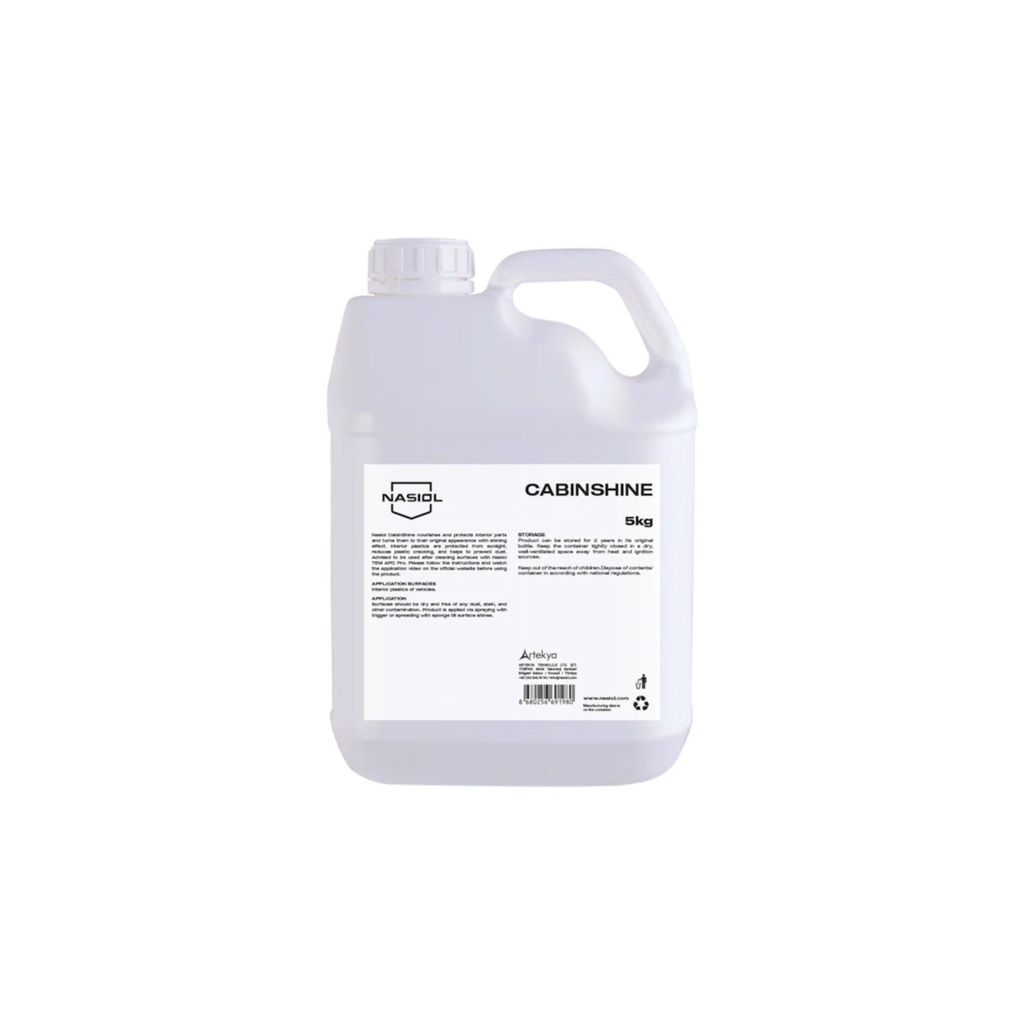 Jug of Nasiol CabinShine for interior plastic, vinyl, and rubber—protects against aging, discoloration, and dust buildup.