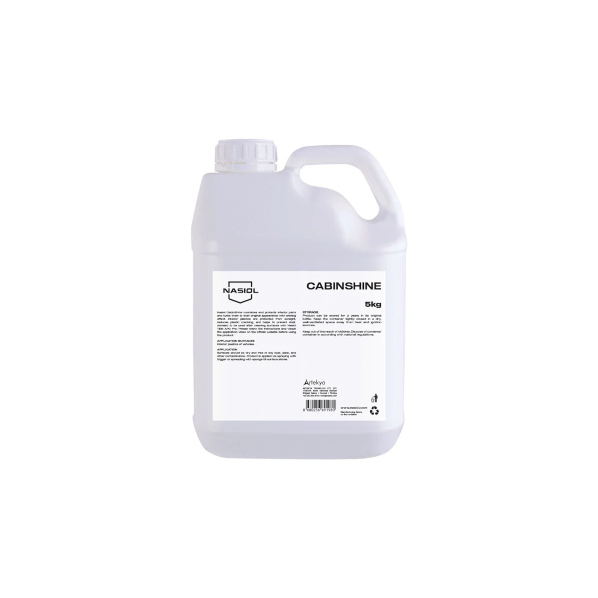 Jug of Nasiol CabinShine for interior plastic, vinyl, and rubber—protects against aging, discoloration, and dust buildup.