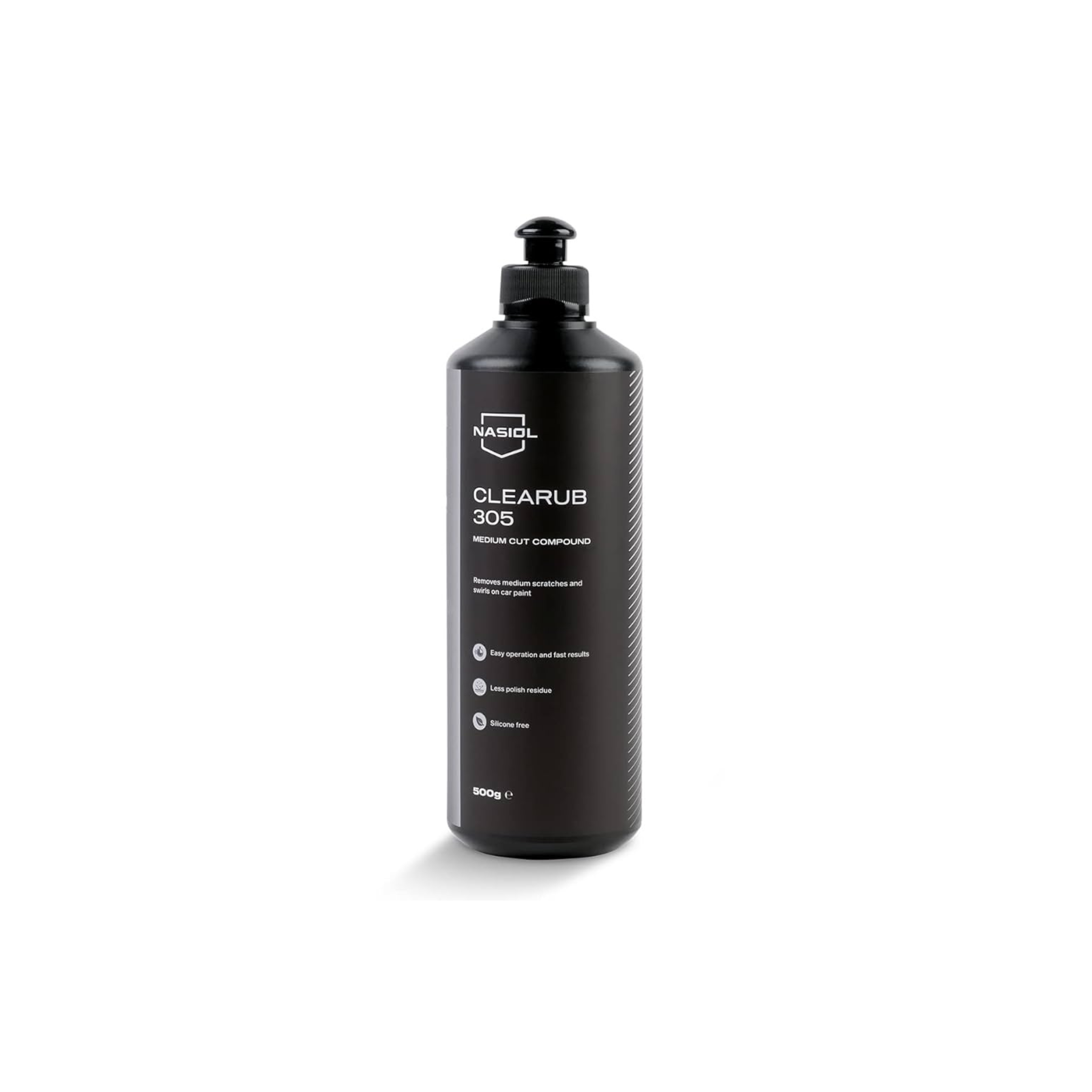 Nasiol CleaRub 305 Medium Cut Compound refines paint by removing moderate scratches and swirl marks for a glossy finish.