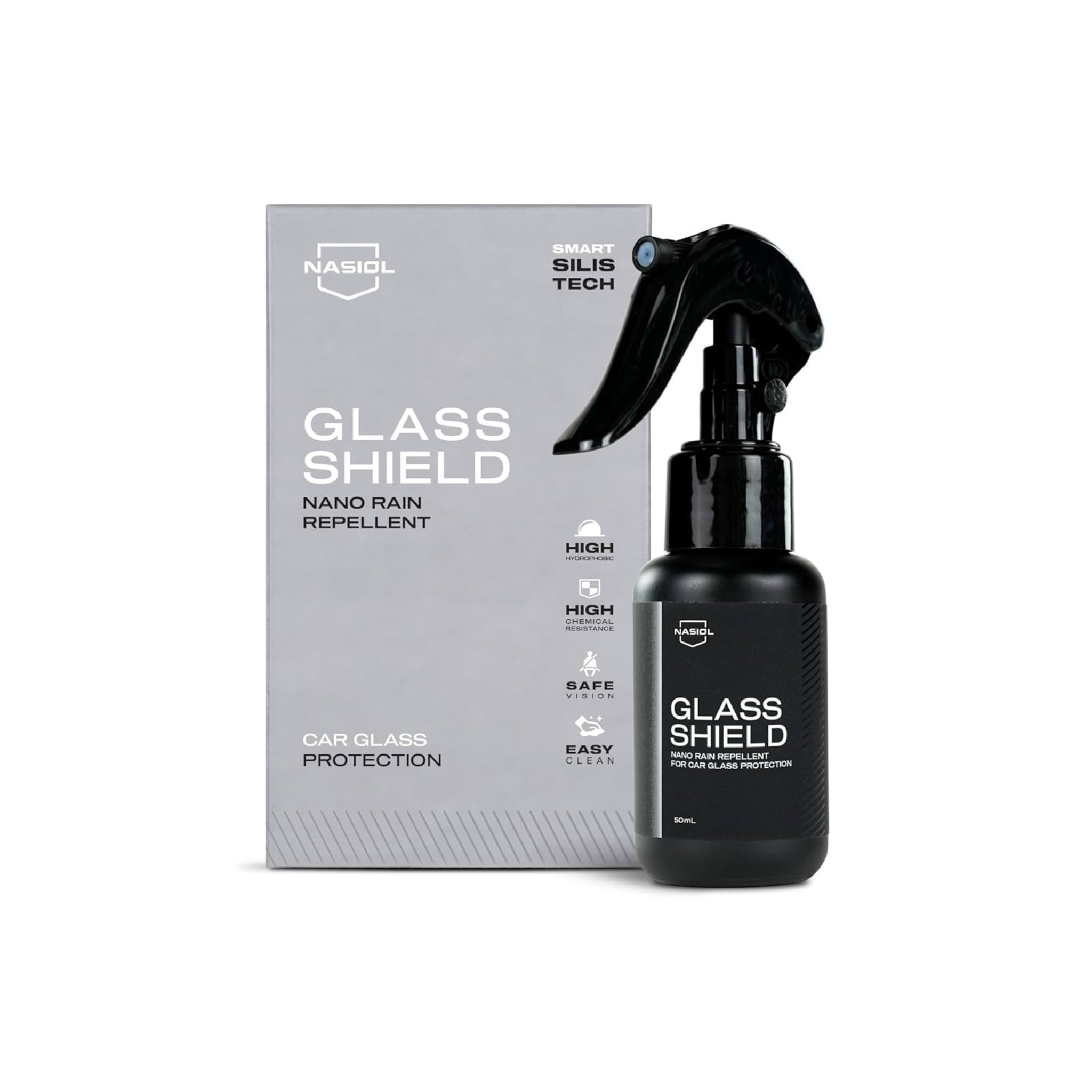Nasiol GlassShield, a nano coating for glass that provides long-lasting water repellency and improved visibility in wet conditions.