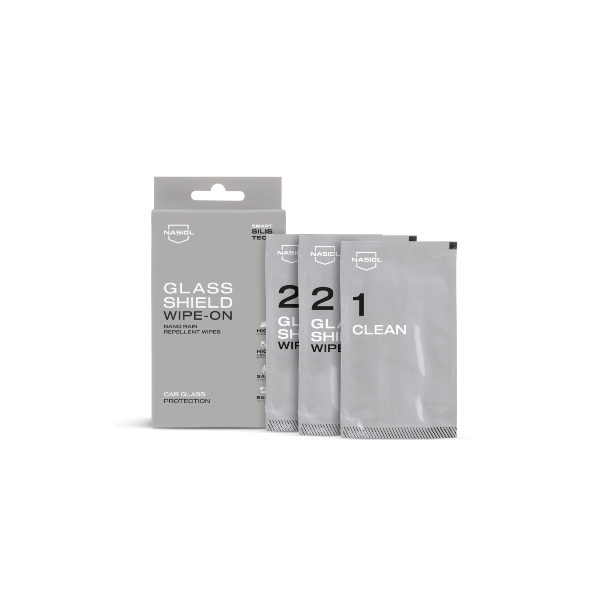 Nasiol GlasShield Wipe-On, a nano coating for long-lasting water and dirt repellency on car windows and glass surfaces.