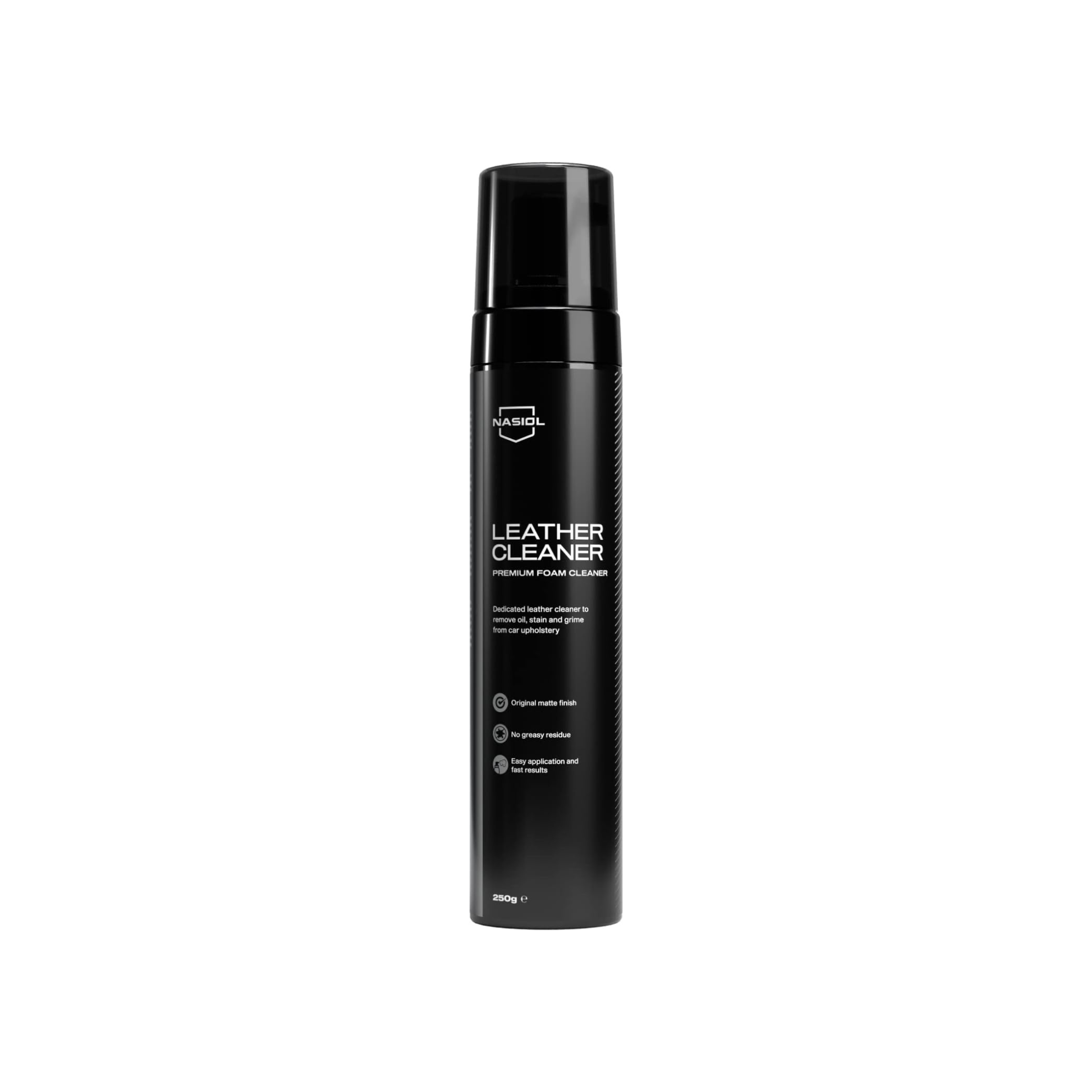 Nasiol Leather Cleaner Premium Foam bottle with rich foam for gentle, effective cleaning of leather surfaces.