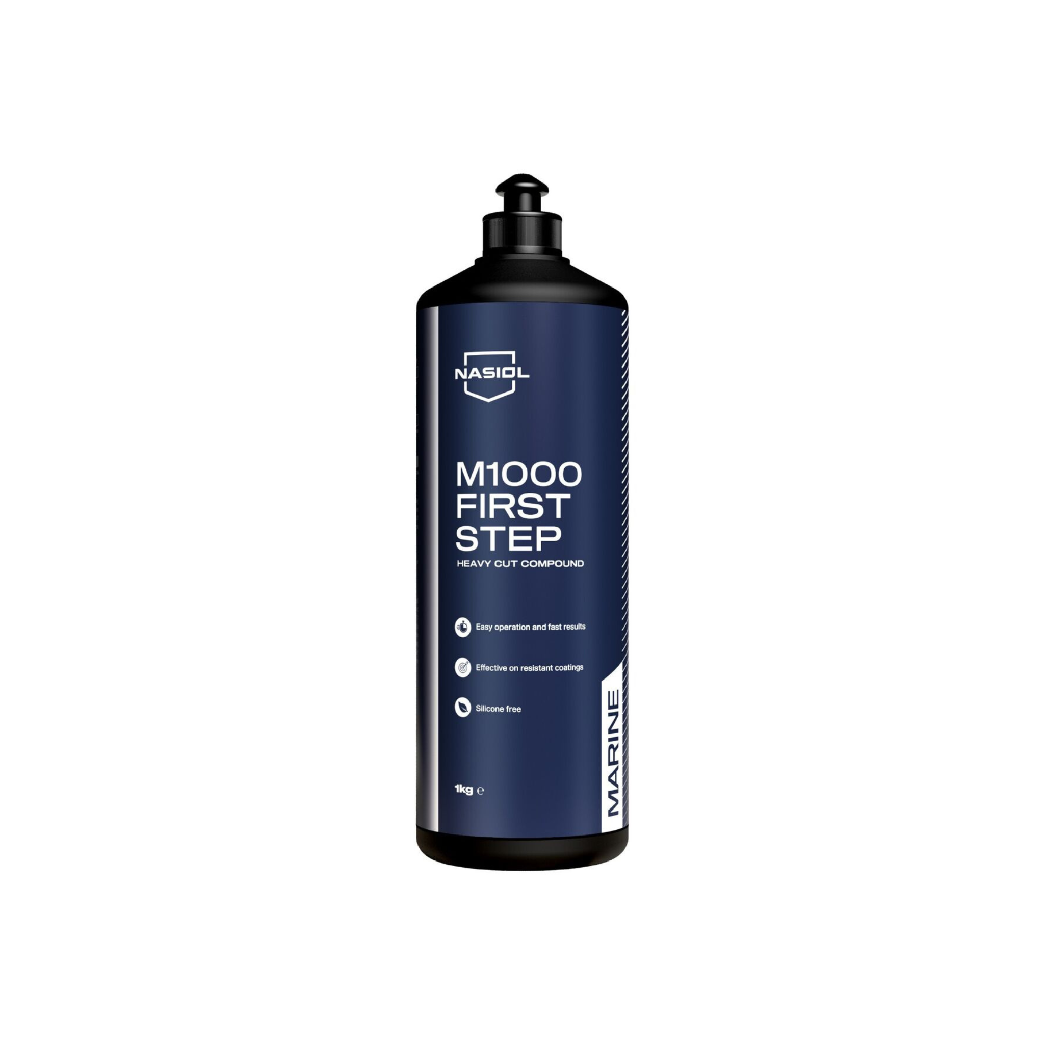 Nasiol M1000 First Step is a heavy cut compound for marine use, removing deep scratches and oxidation on boat surfaces.