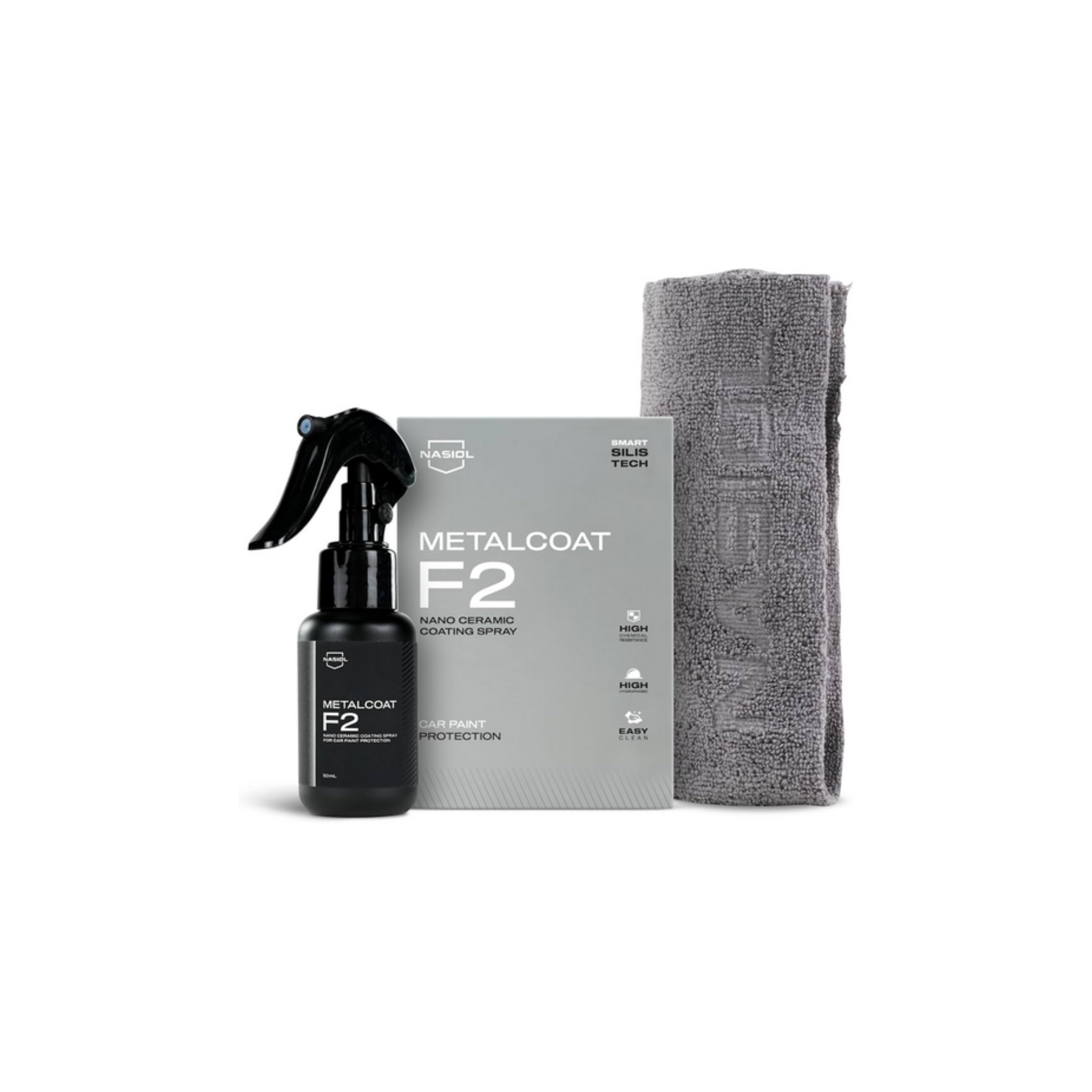 Nasiol MetalCoat F2 spray-on nano coating offers instant gloss, water repellency, chemical resistance, and 6-12 months protection.