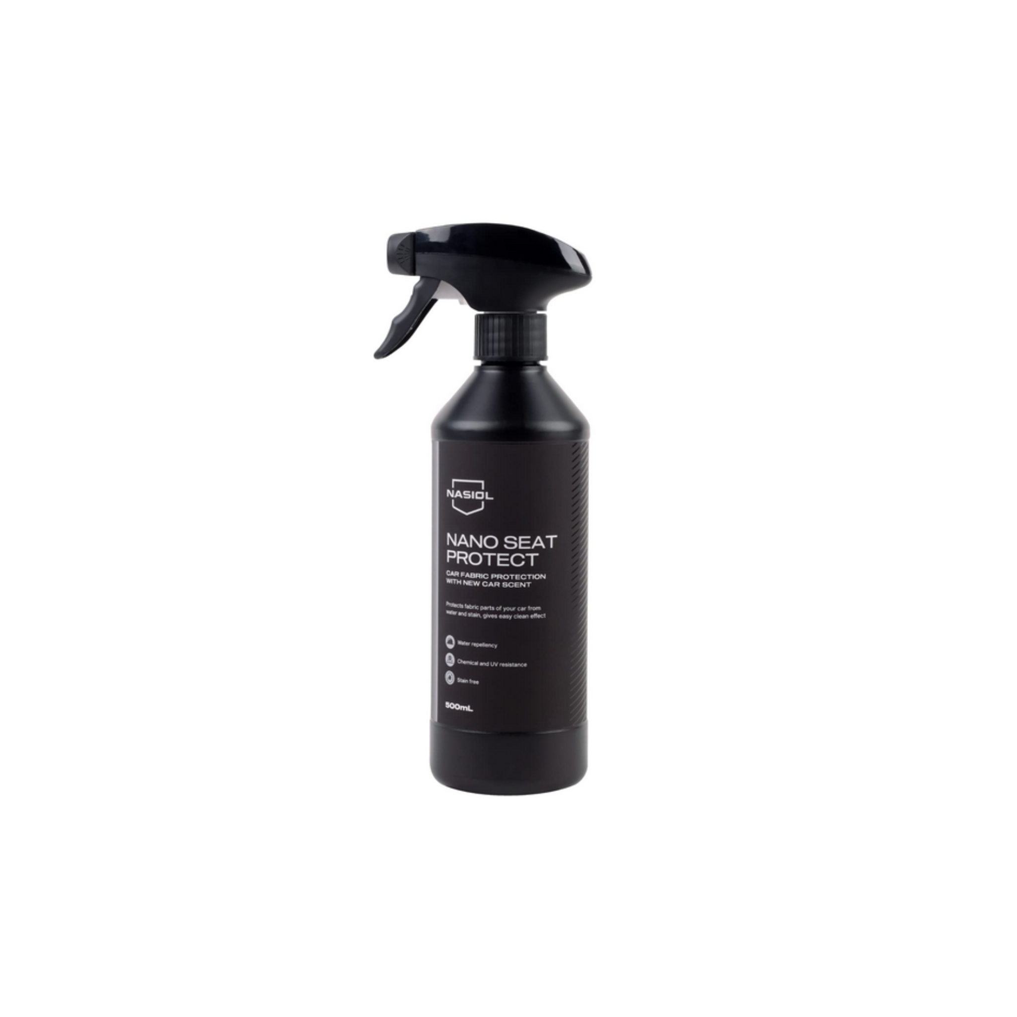 Bottle of Nasiol Nano Seat Protect, a nano coating that protects car seats from stains, spills, and everyday wear.
