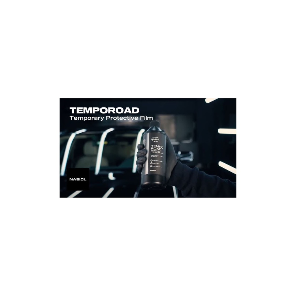 Bottle of Nasiol TempoRoad, a temporary protective film shielding vehicle surfaces from bug stains and sandstorm damage.