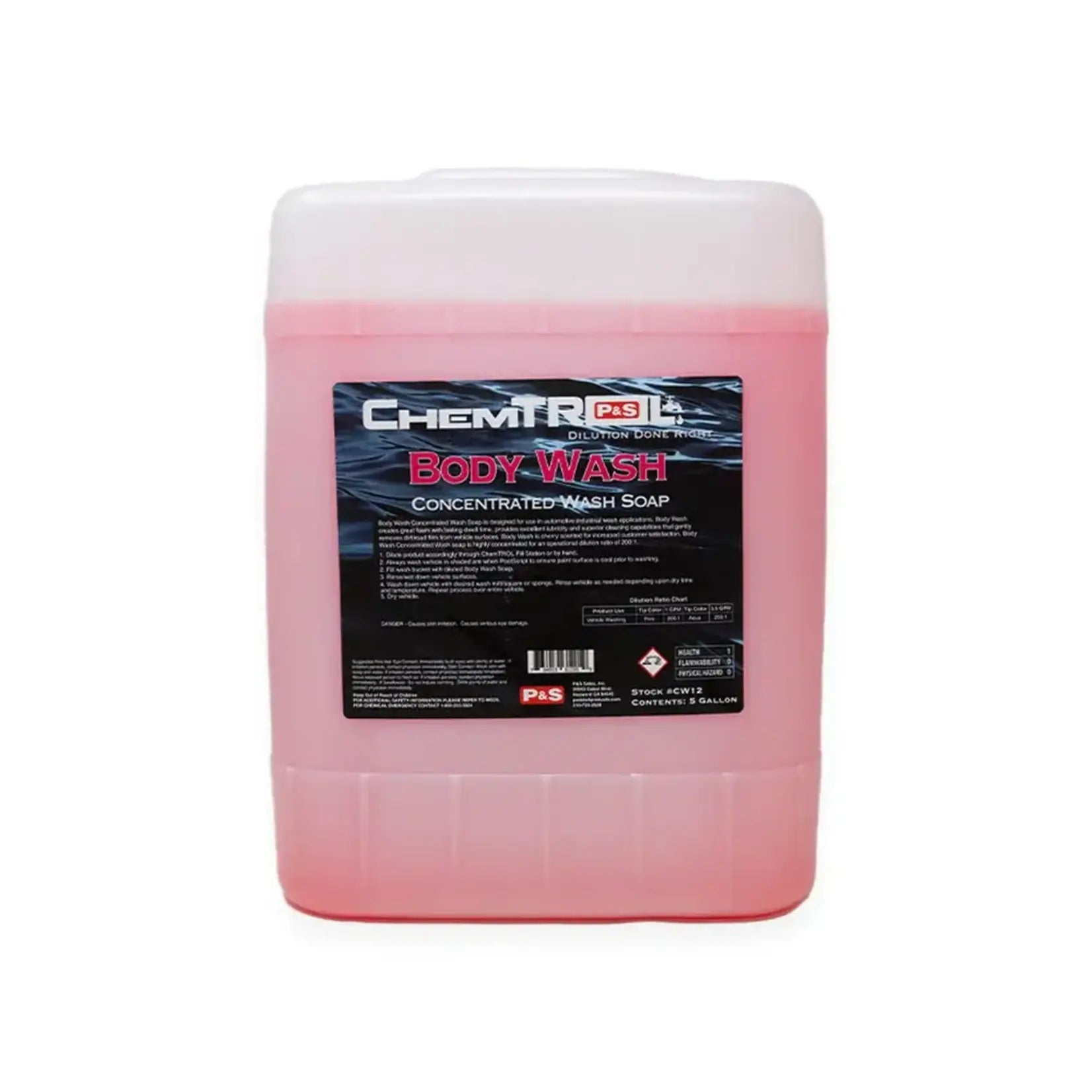 Five-gallon jug of P&S Body Wash Concentrate which creates great foam with lasting dwell time.