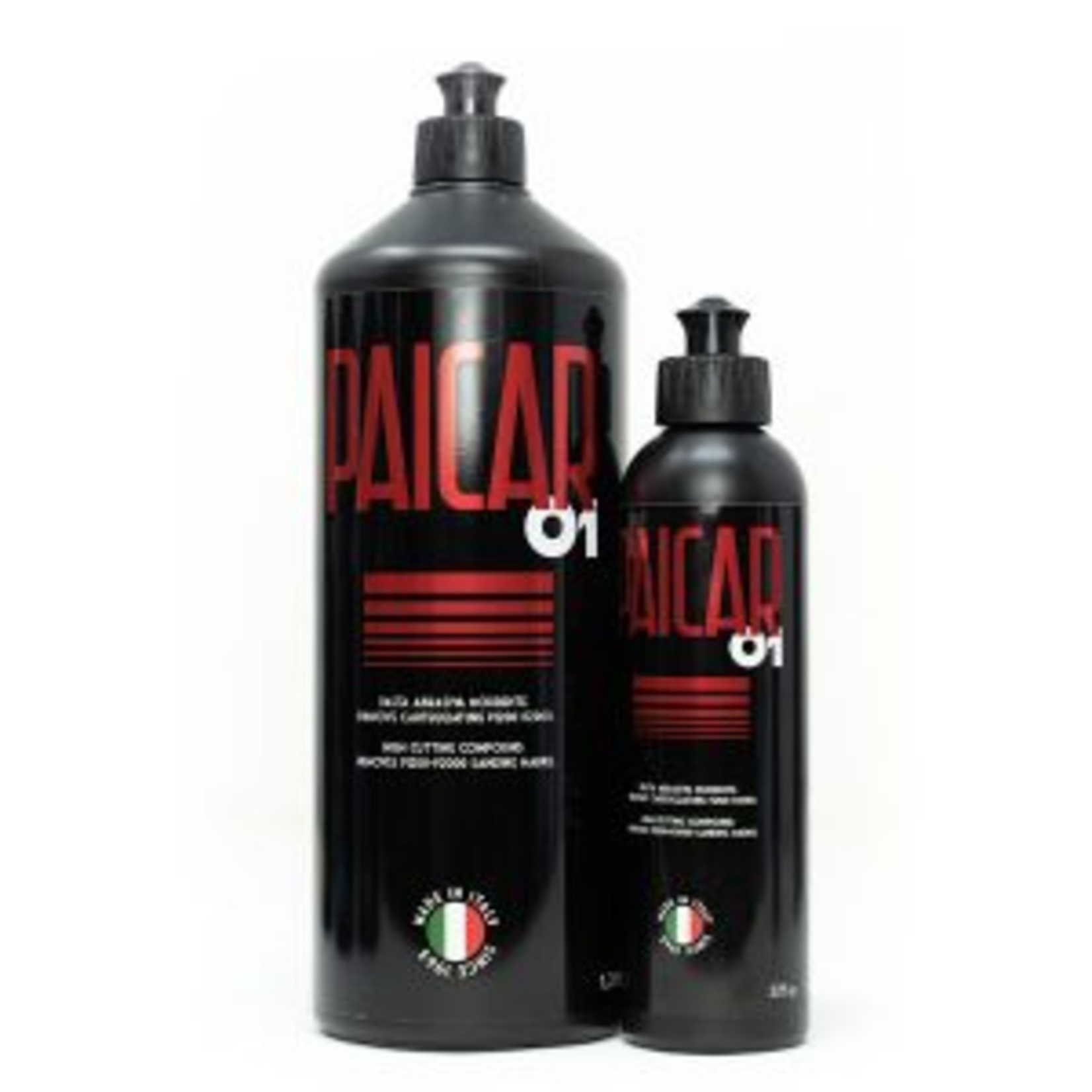 Two bottles of PAICAR 01: a heavy cut polishing compound designed to be rough and effective in extreme situations. 