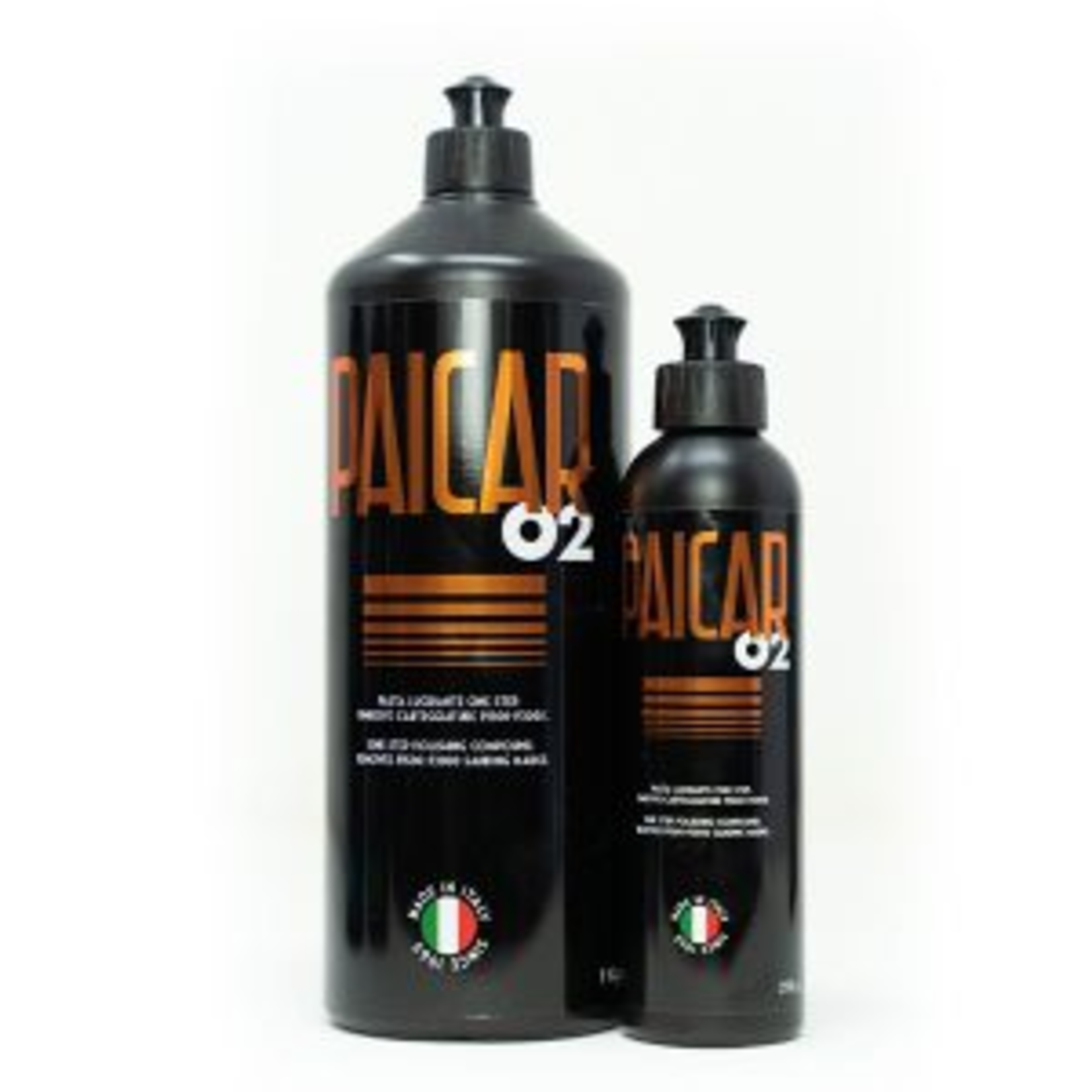 Two bottles of PAICAR 02: a medium cut polishing compound that removes deep marks and dullness, leaving a deep and bright color. 
