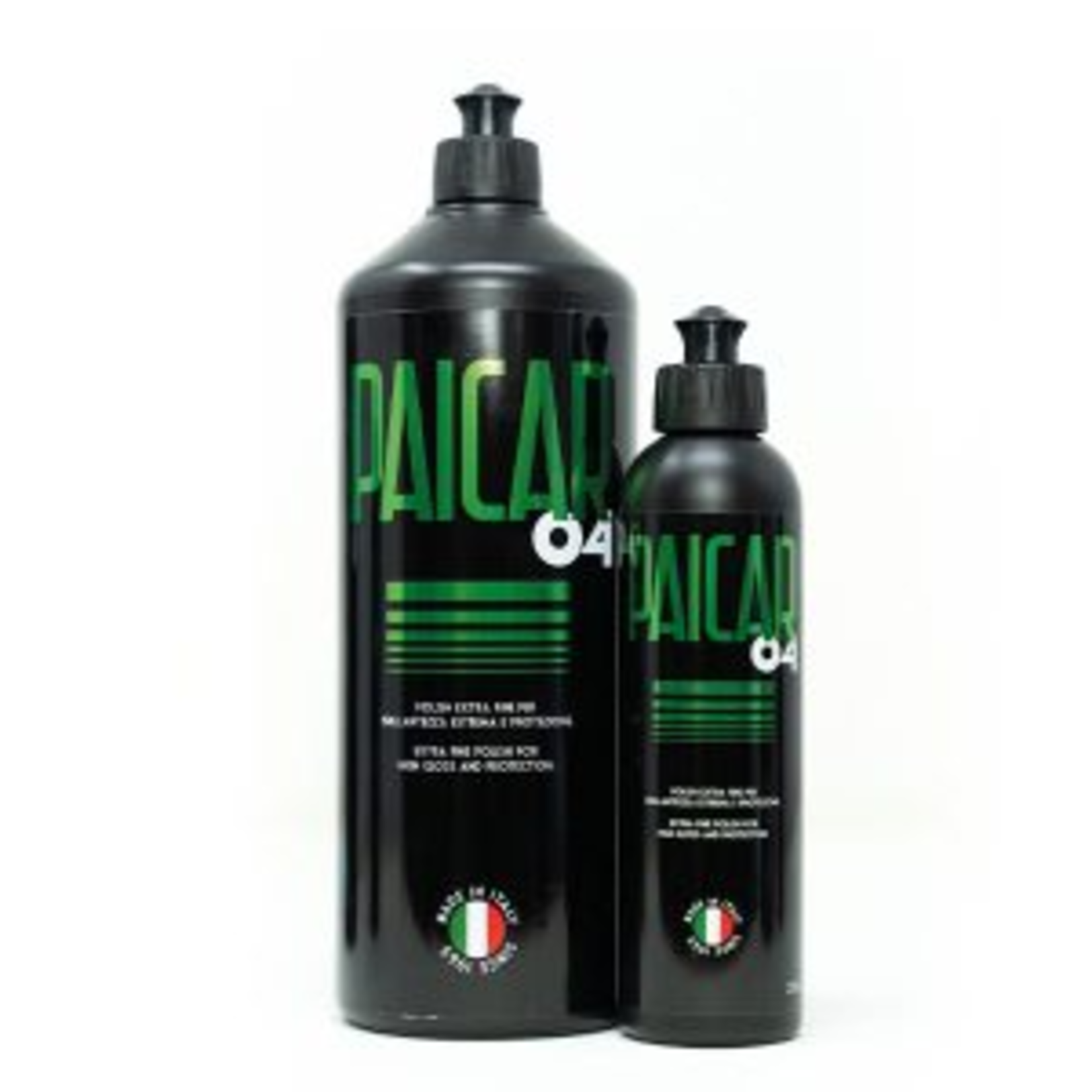 Two bottles of PAICAR 04: a super finish polishing compound for extreme gloss, deep color, and protective waxes for a stunning finish. 